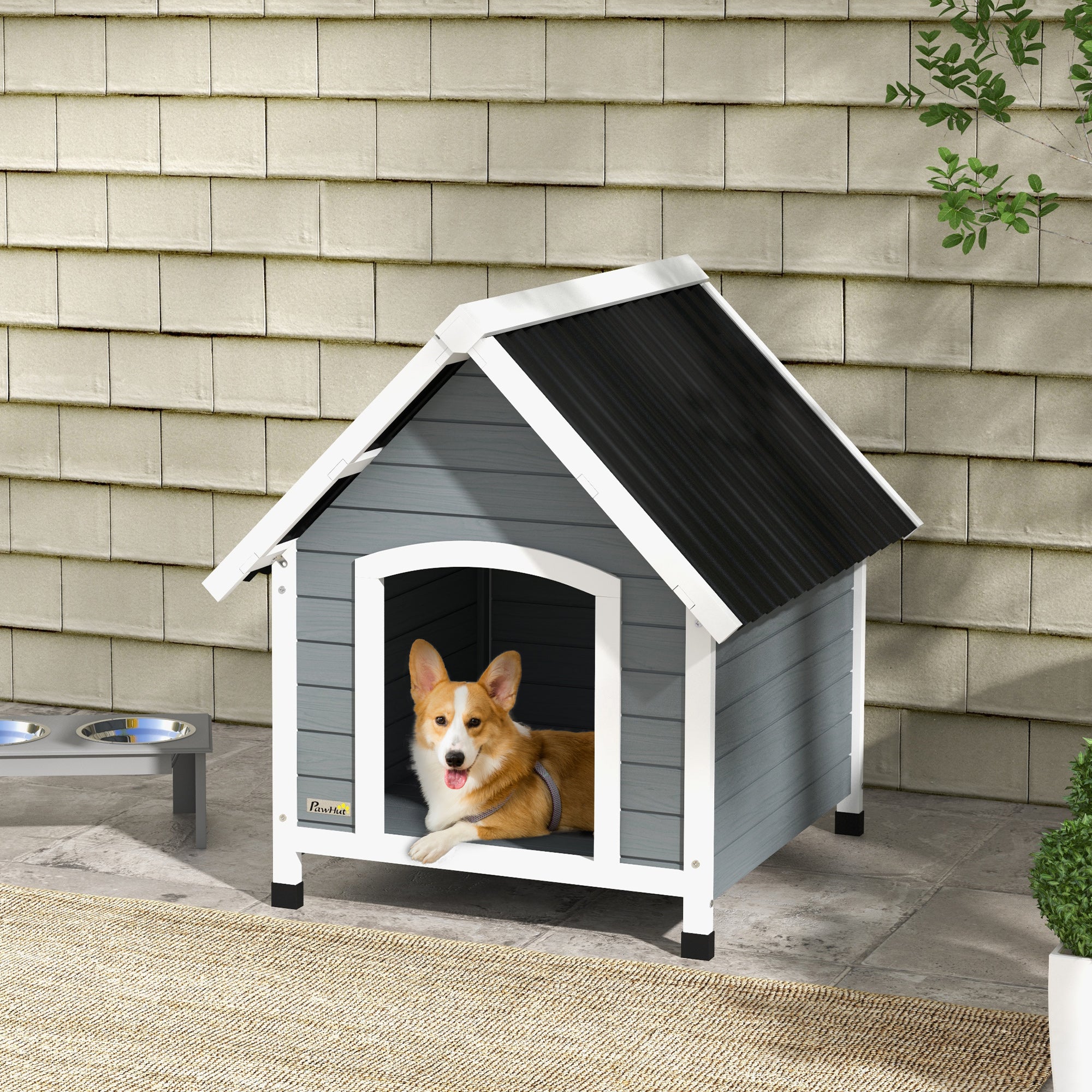 PawHut Dog Kennel Outdoor Wooden Dog House with Removable Floor, Elevated Pet Shelter, Anti-Corrosion Wood, for Medium Dogs, 82H x 75W x 88Dcm - Grey