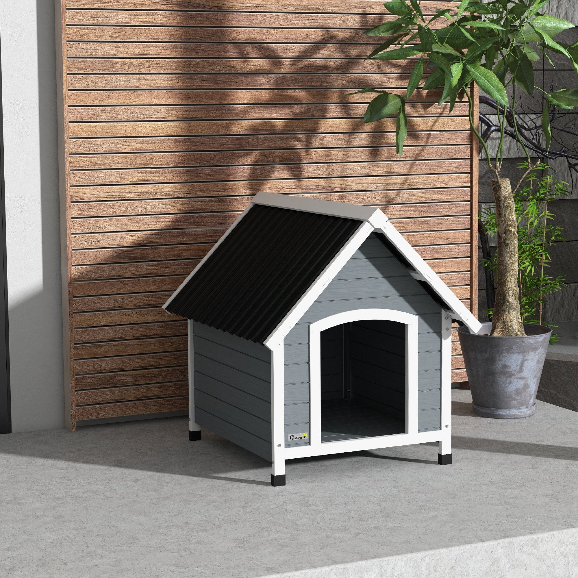 PawHut Dog Kennel Outdoor Wooden Dog House with Removable Floor, Elevated Pet Shelter, Anti-Corrosion Wood, for Medium Dogs, 82H x 75W x 88Dcm - Grey