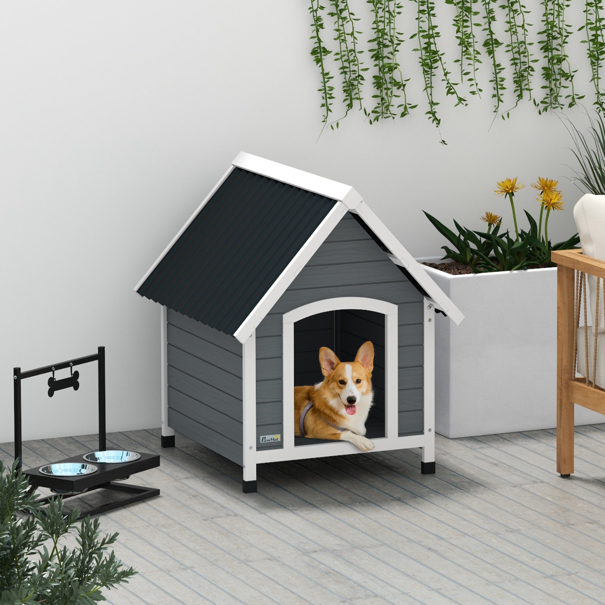PawHut Dog Kennel Outdoor Wooden Dog House with Removable Floor, Elevated Pet Shelter, Anti-Corrosion Wood, for Medium Dogs, 82H x 75W x 88Dcm - Grey