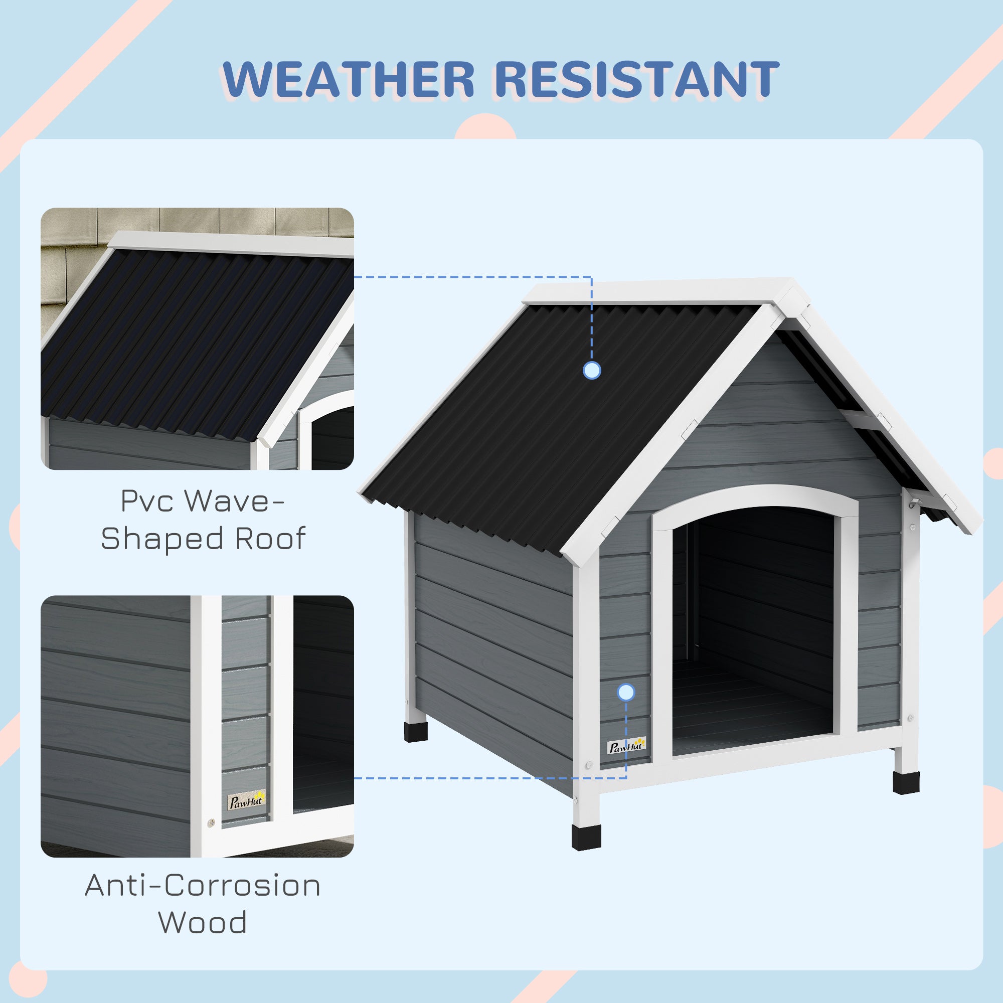 PawHut Dog Kennel Outdoor Wooden Dog House with Removable Floor, Elevated Pet Shelter, Anti-Corrosion Wood, for Medium Dogs, 82H x 75W x 88Dcm - Grey