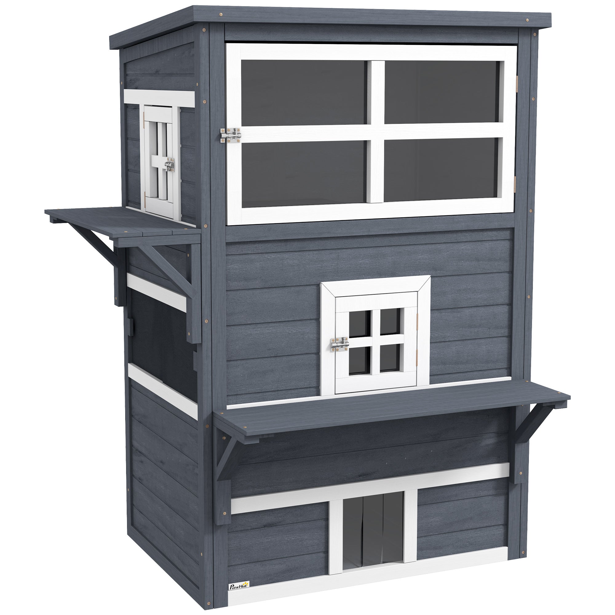 PawHut 3-Story Cat House Feral Cat Shelter, Outdoor Kitten Condo with Raised Floor, Asphalt Roof, Escape Doors, Jumping Platforms, Dark Gray