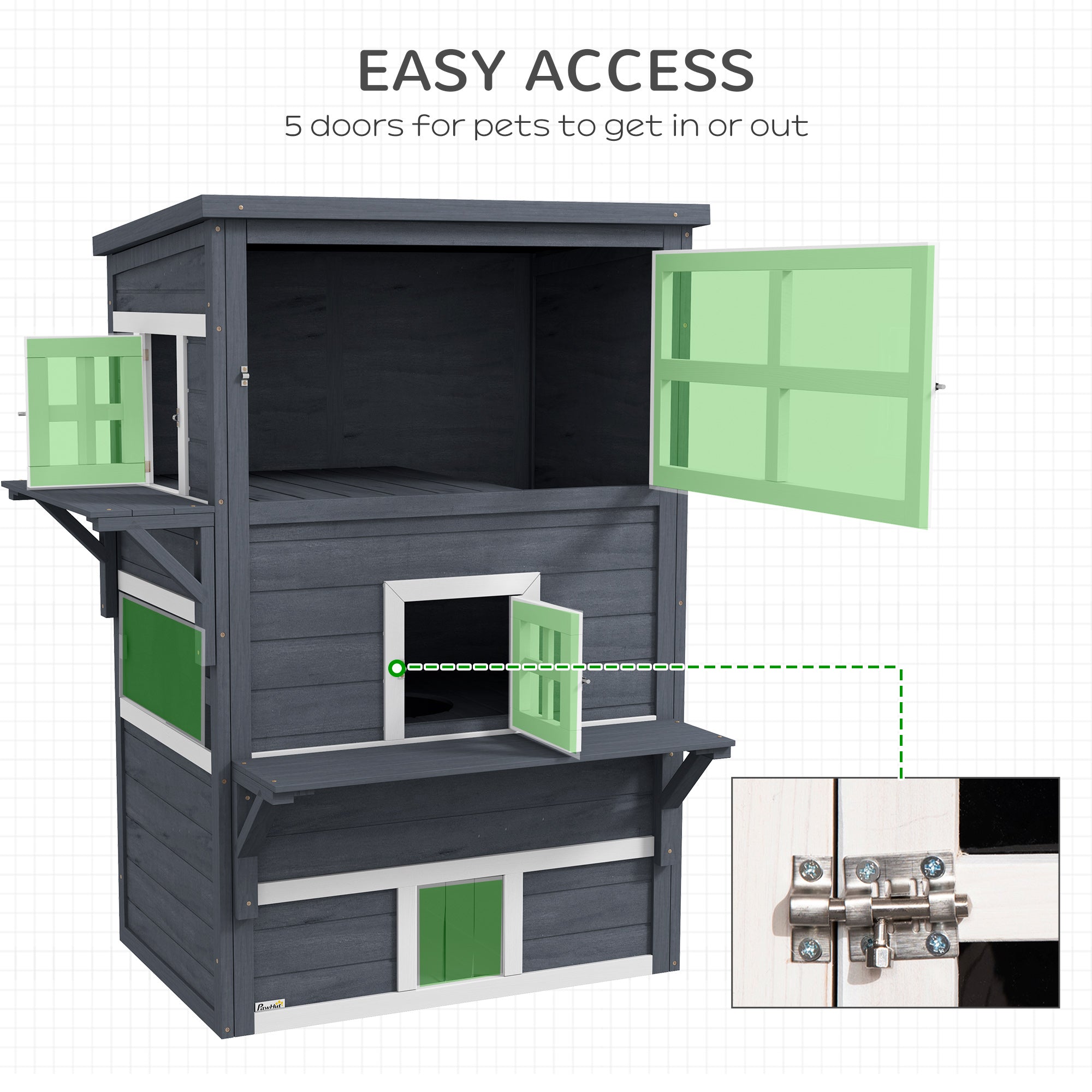 PawHut 3-Story Cat House Feral Cat Shelter, Outdoor Kitten Condo with Raised Floor, Asphalt Roof, Escape Doors, Jumping Platforms, Dark Gray