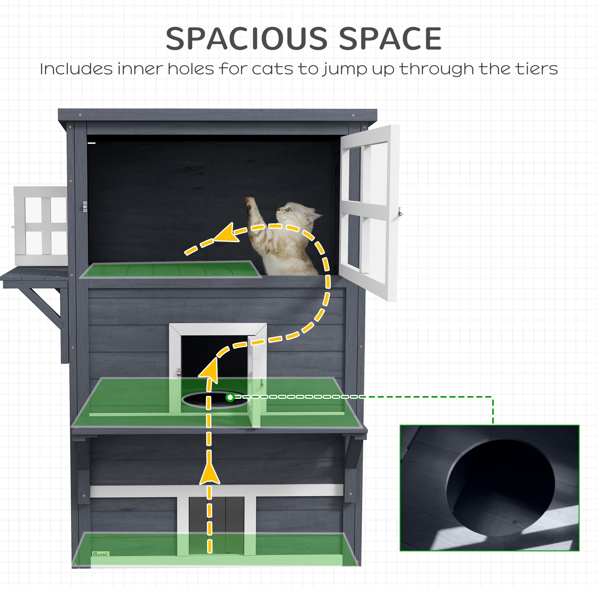 PawHut 3-Story Cat House Feral Cat Shelter, Outdoor Kitten Condo with Raised Floor, Asphalt Roof, Escape Doors, Jumping Platforms, Dark Gray