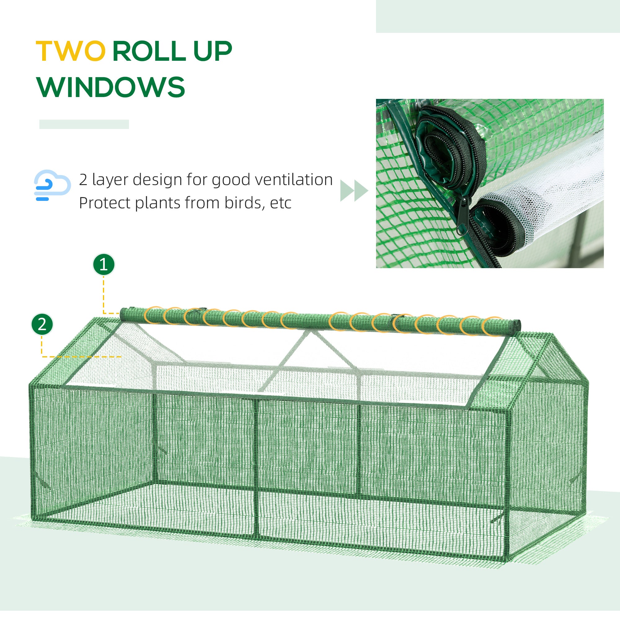 Outsunny 71" x 36" x 28" Mini Greenhouse, Portable Garden Hot House for Plants with 2-Layer Roll-up Zipper Windows, PE Cover for Outdoor Indoor, Green