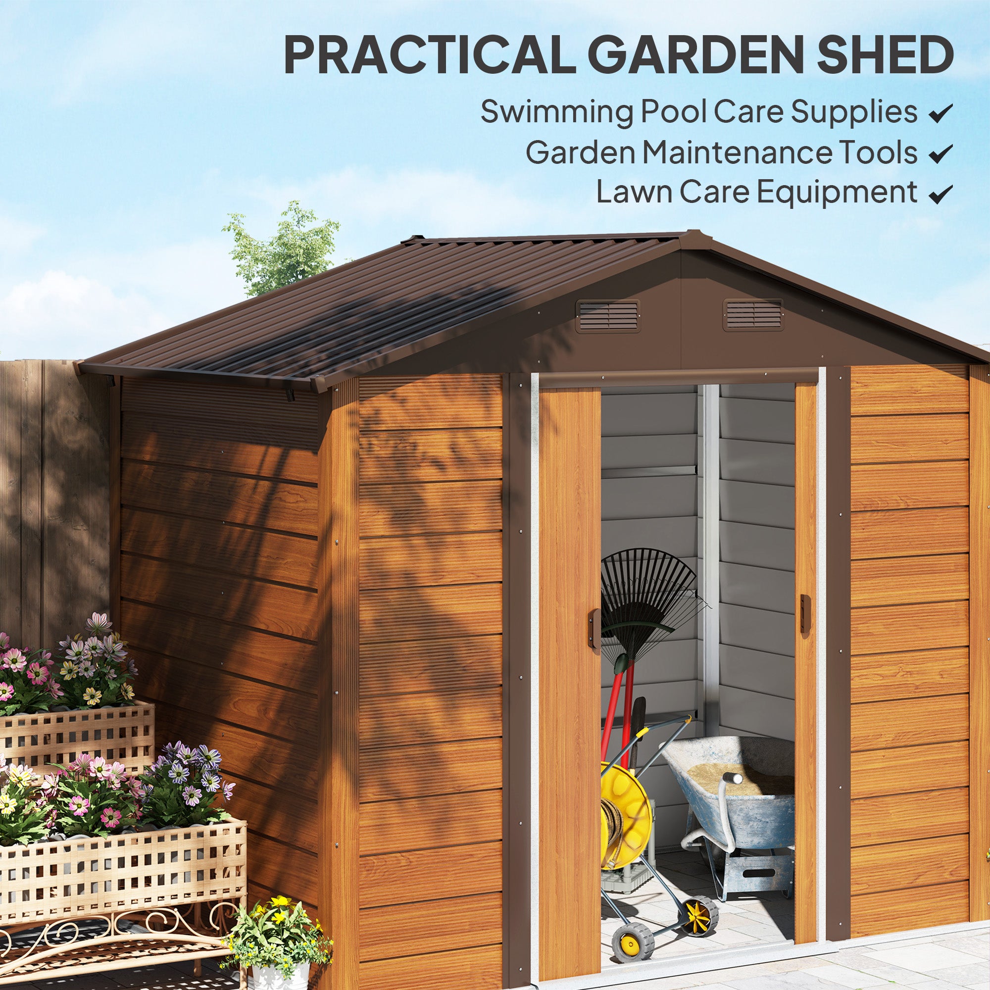 Outsunny 7.5' x 6.5' Outdoor Storage Shed with Double Doors, Metal Garden Shed House for Gardening Tool, Bike, Motorcycle Storage, Dark Brown