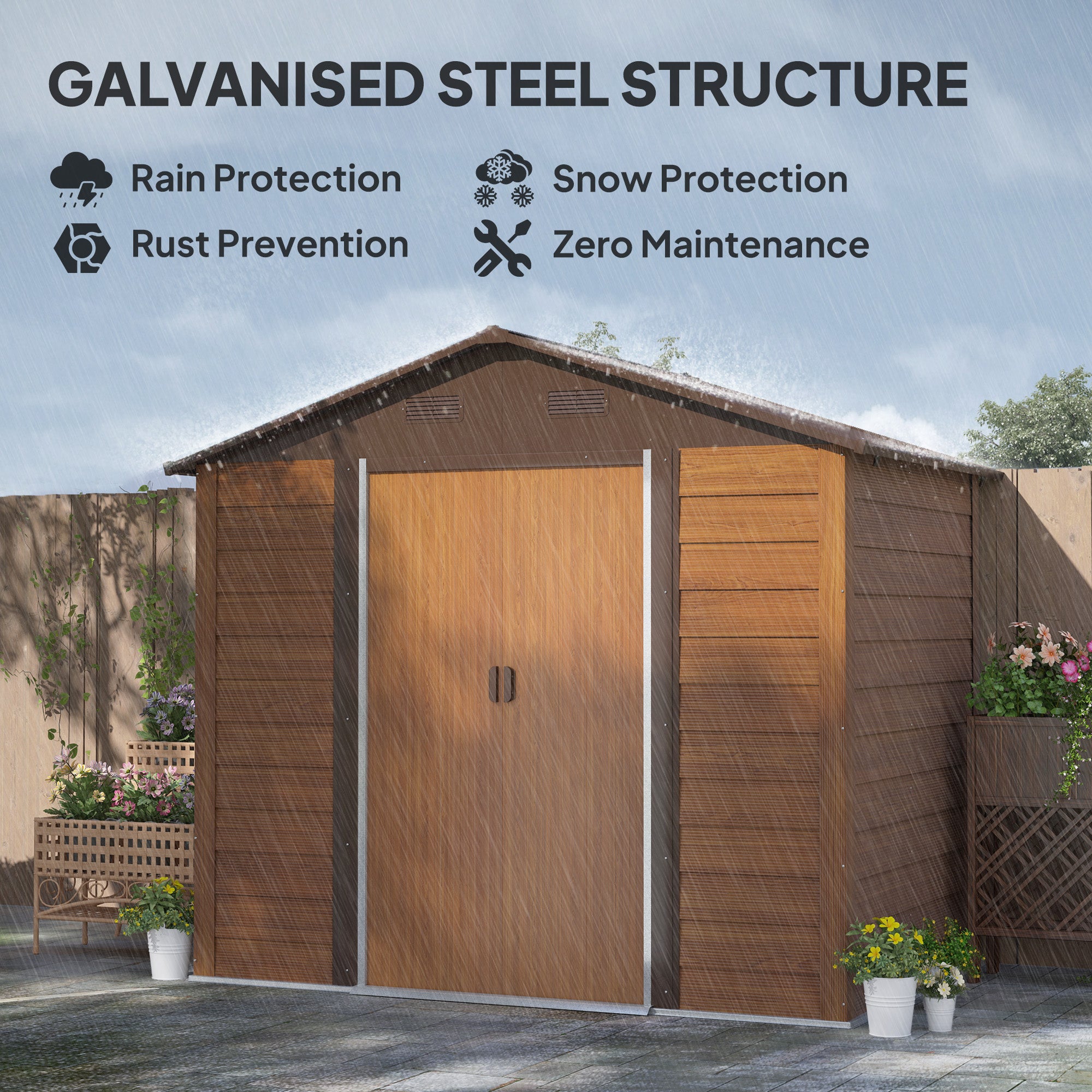 Outsunny 7.5' x 6.5' Outdoor Storage Shed with Double Doors, Metal Garden Shed House for Gardening Tool, Bike, Motorcycle Storage, Dark Brown