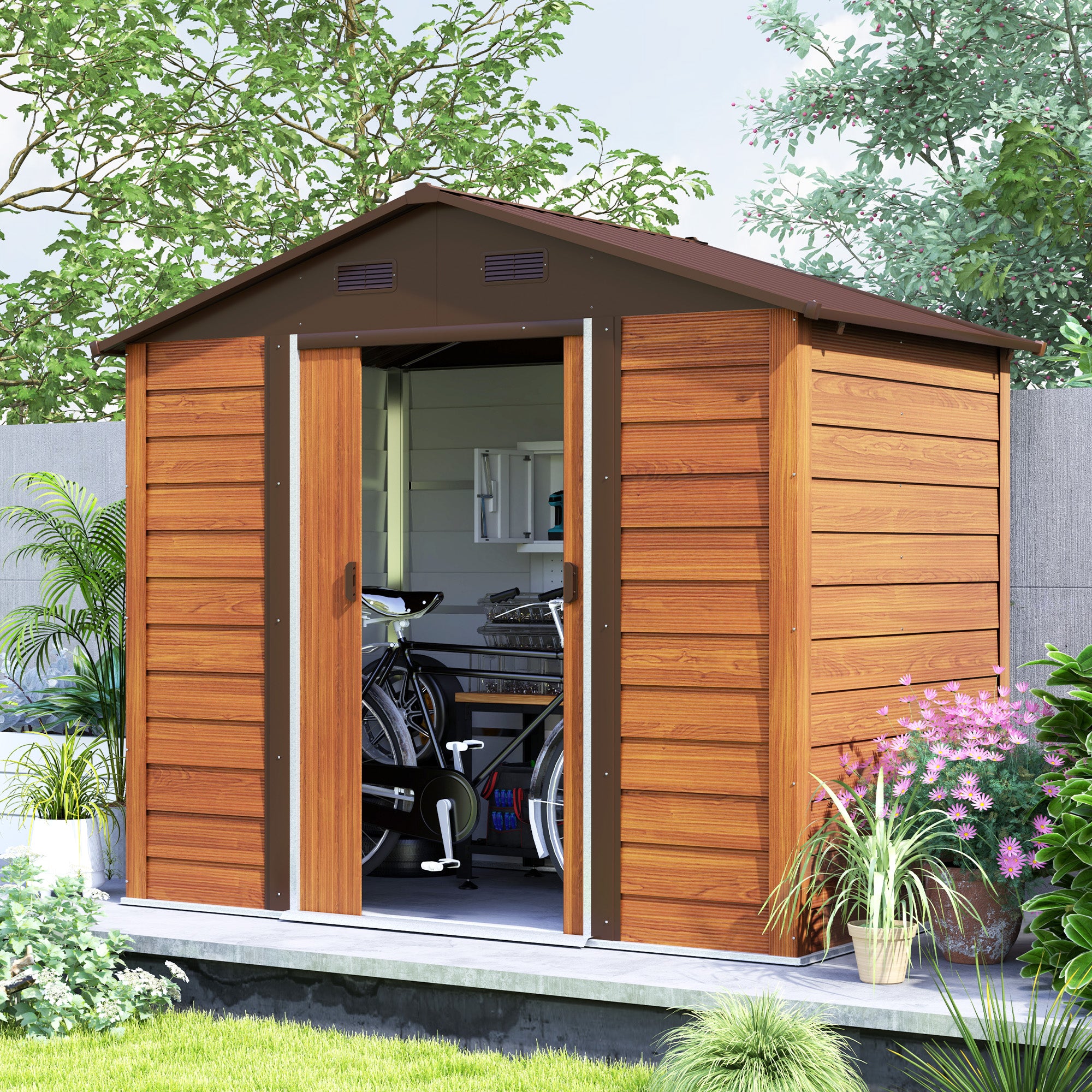Outsunny 7.5' x 6.5' Outdoor Storage Shed with Double Doors, Metal Garden Shed House for Gardening Tool, Bike, Motorcycle Storage, Dark Brown