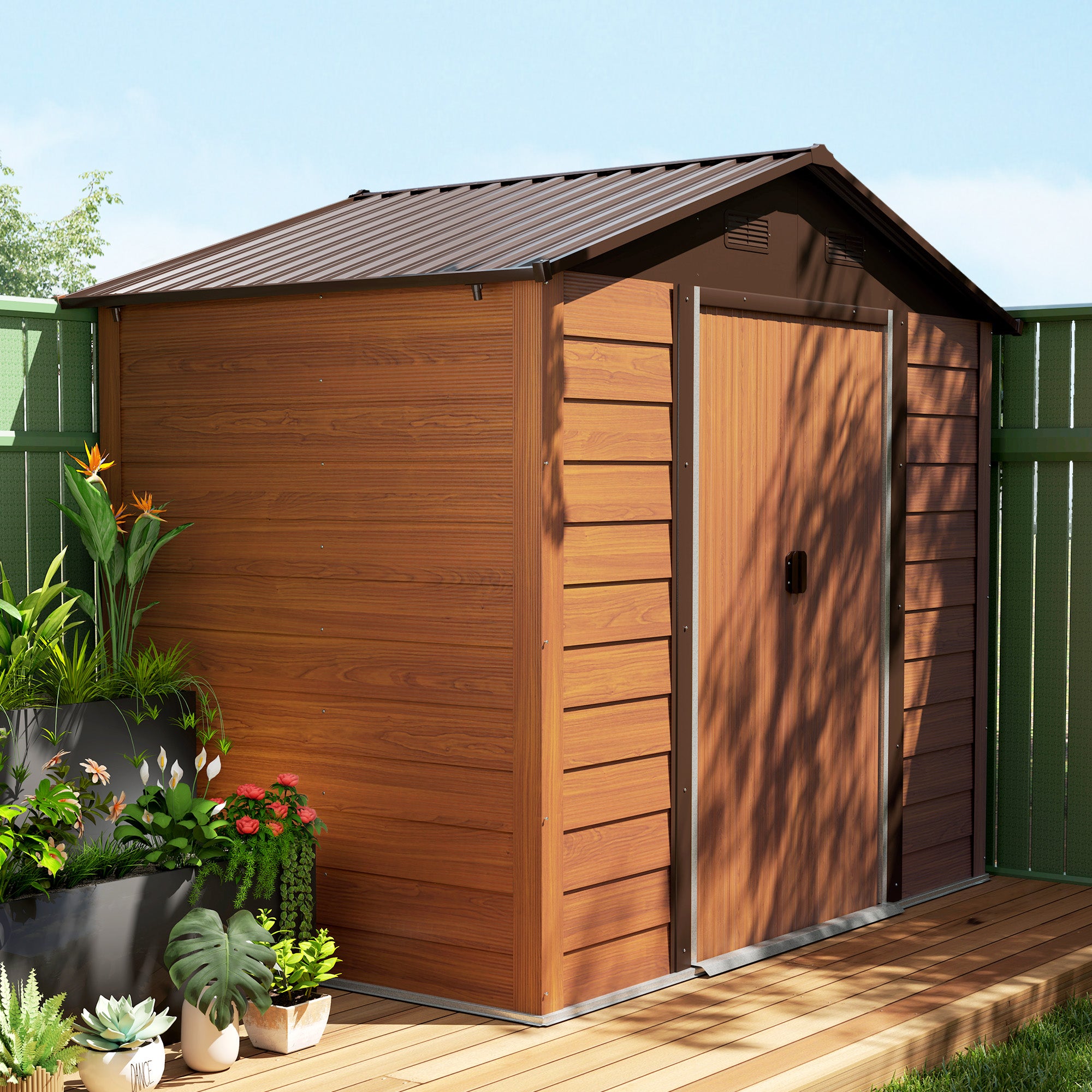 Outsunny 7.5' x 6.5' Outdoor Storage Shed with Double Doors, Metal Garden Shed House for Gardening Tool, Bike, Motorcycle Storage, Dark Brown