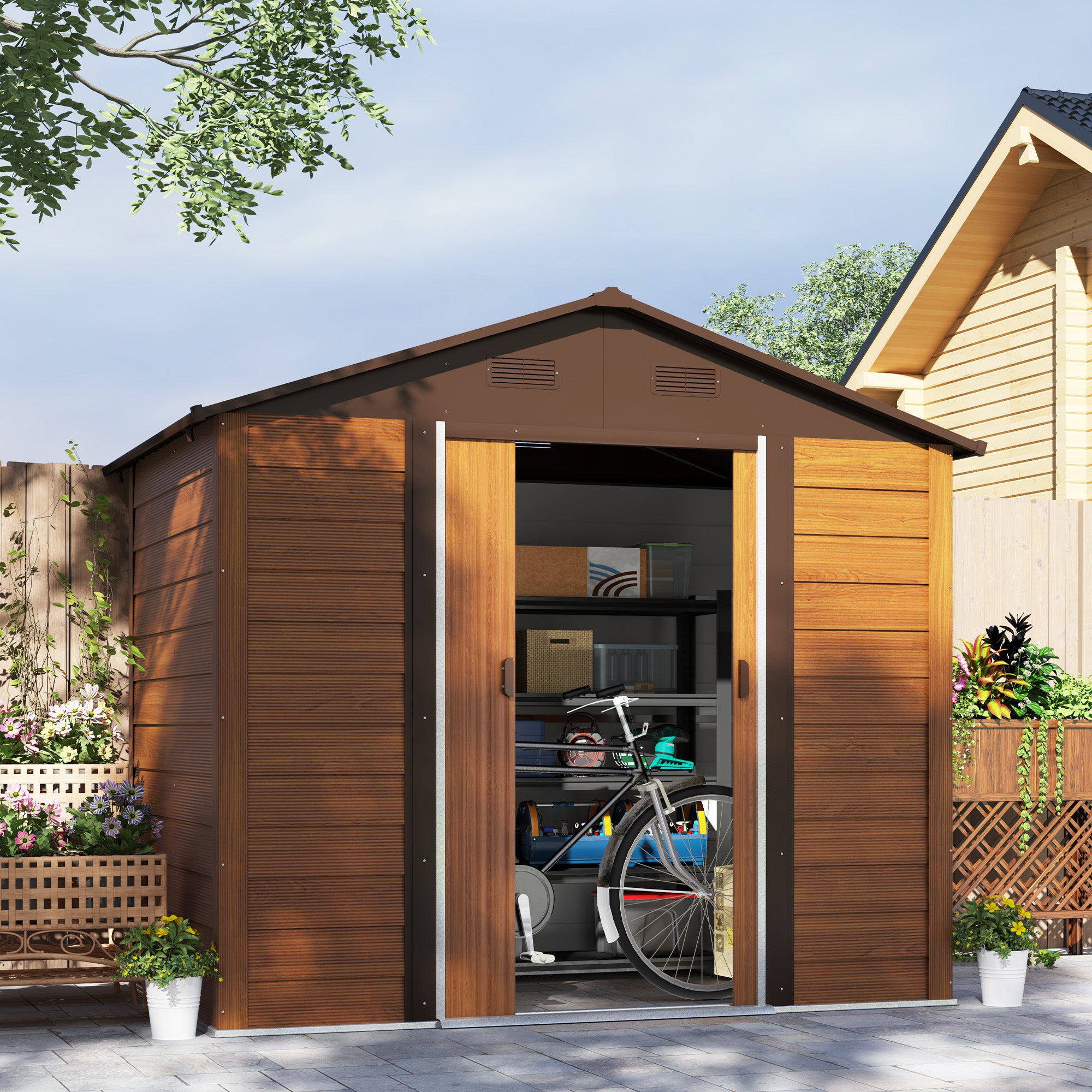 Outsunny 7.5' x 6.5' Outdoor Storage Shed with Double Doors, Metal Garden Shed House for Gardening Tool, Bike, Motorcycle Storage, Dark Brown