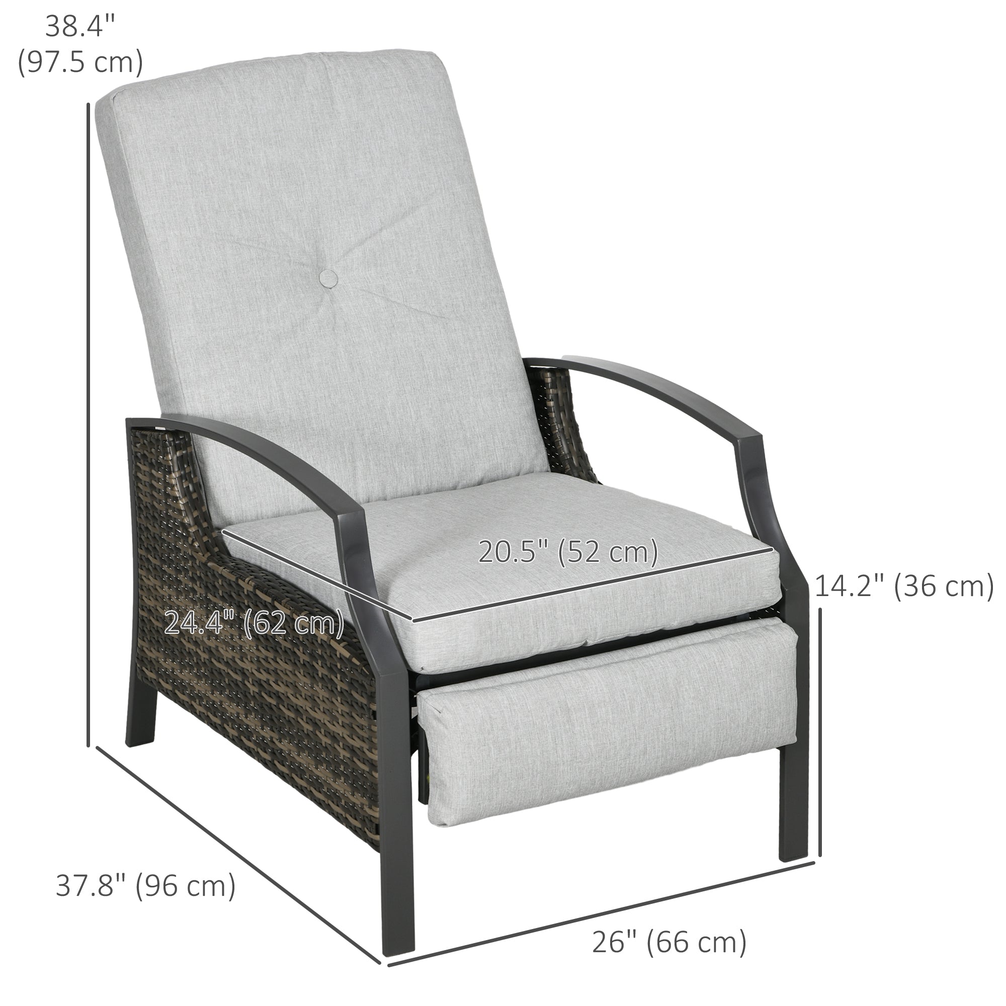 Outsunny Outdoor Rattan Recliner Chair Patio Adjustable Wicker Sofa Armchair Garden Relaxing Lounge Seat with Retractable Footrest and Cushion, Light Grey