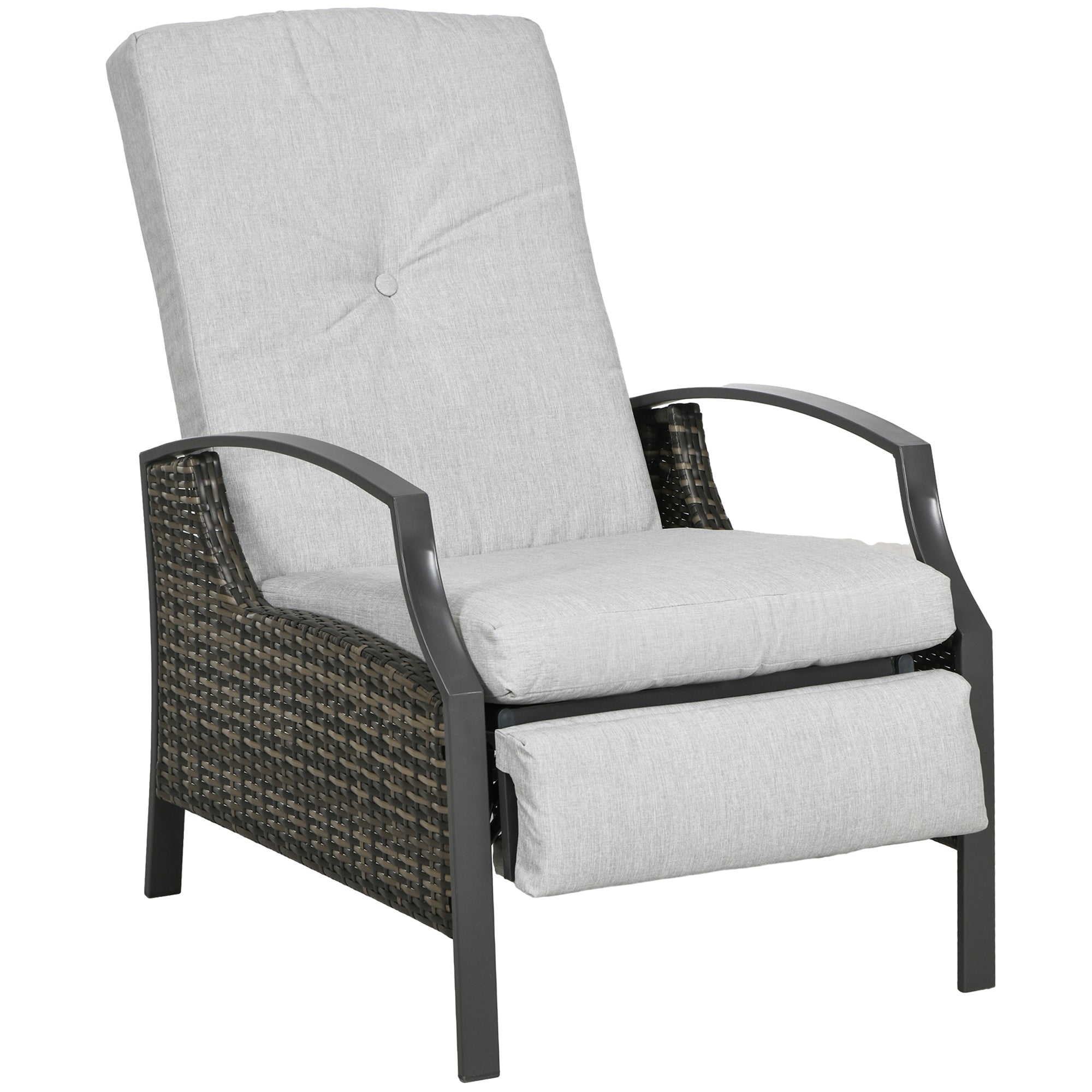 Outsunny Outdoor Rattan Recliner Chair Patio Adjustable Wicker Sofa Armchair Garden Relaxing Lounge Seat with Retractable Footrest and Cushion, Light Grey