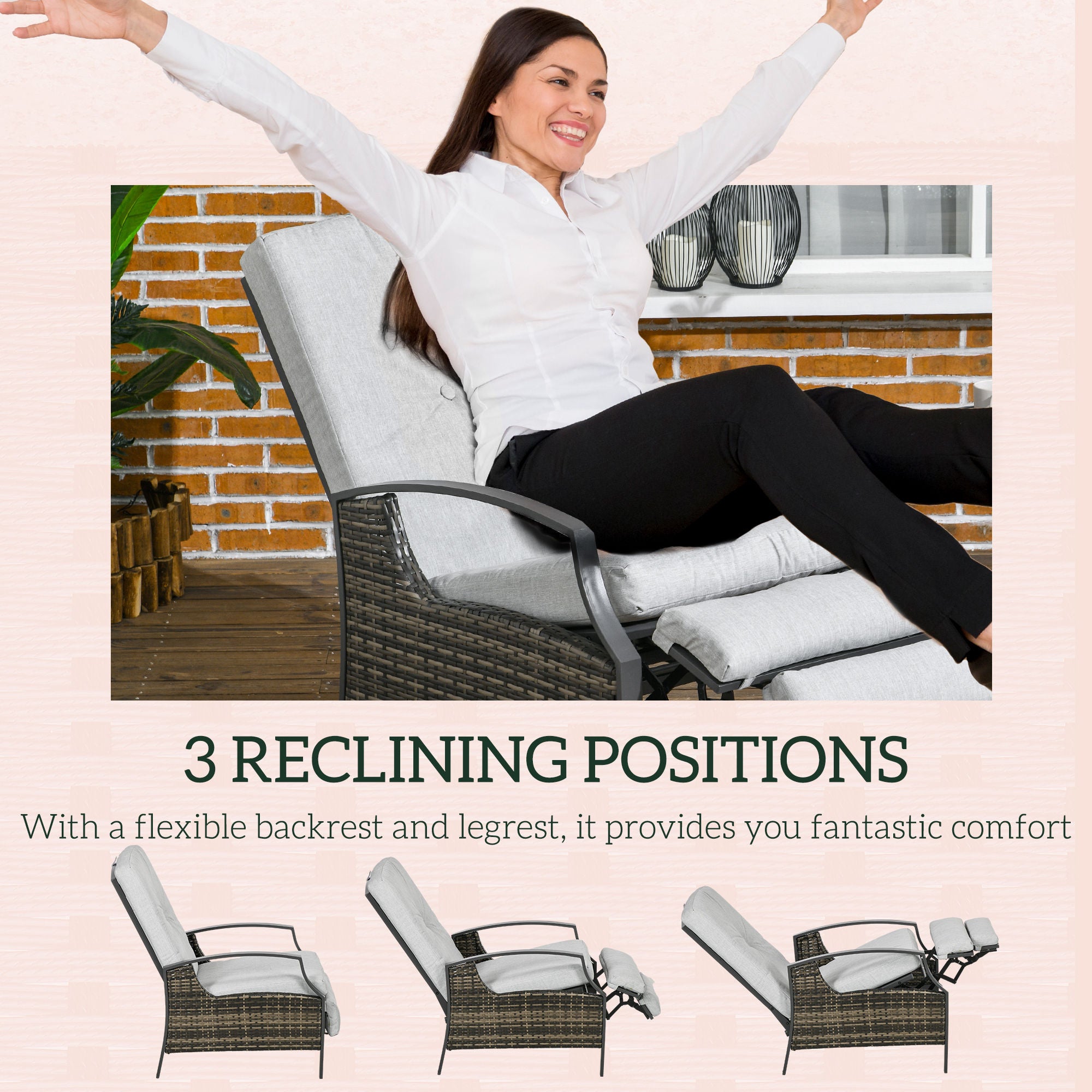 Outsunny Outdoor Rattan Recliner Chair Patio Adjustable Wicker Sofa Armchair Garden Relaxing Lounge Seat with Retractable Footrest and Cushion, Light Grey