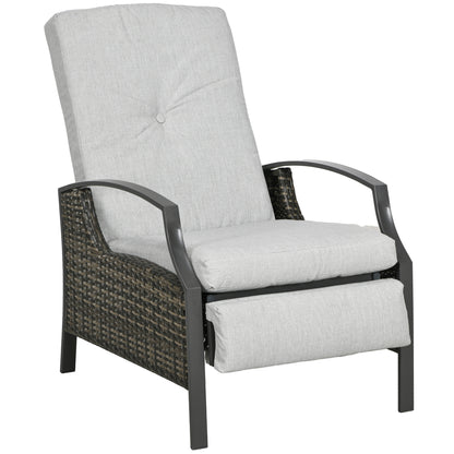 Outsunny Outdoor Rattan Recliner Chair Patio Adjustable Wicker Sofa Armchair Garden Relaxing Lounge Seat with Retractable Footrest and Cushion, Light Grey