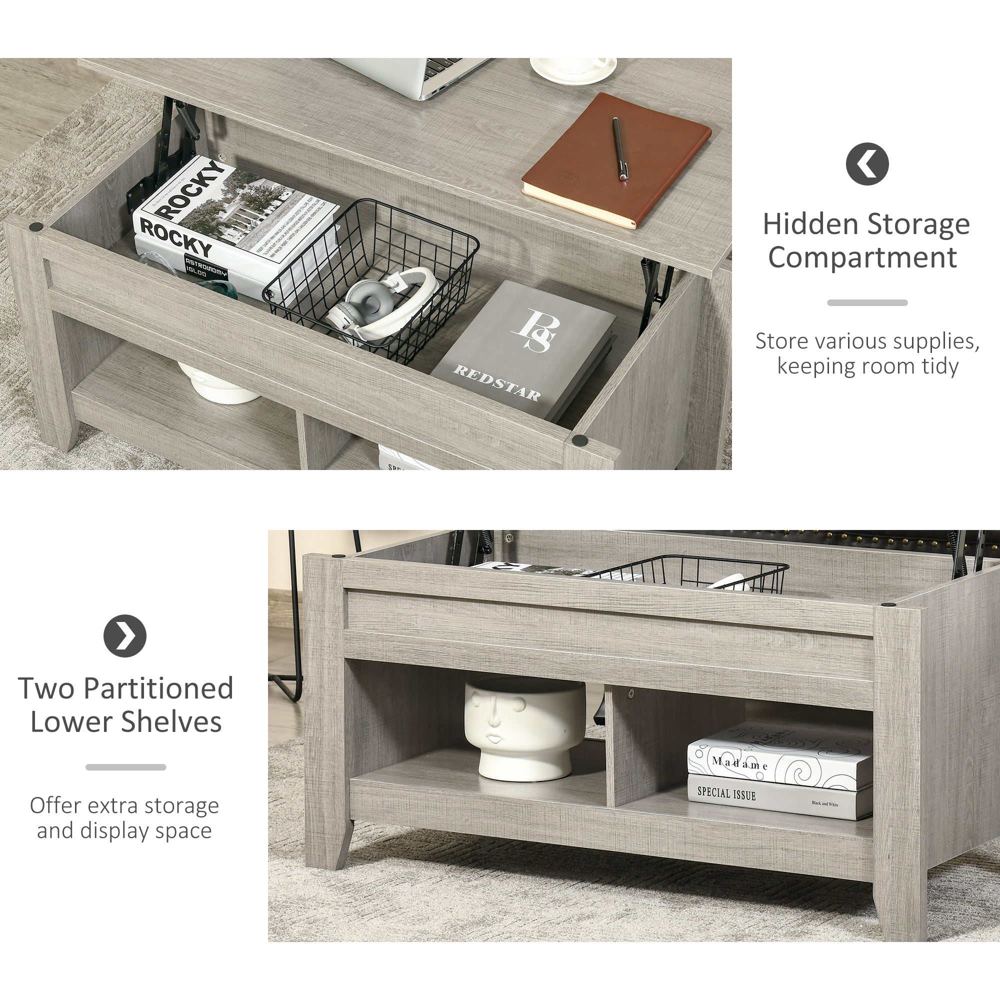 HOMCOM Lift Top Coffee Table with Hidden Storage Compartment and Open Shelves, Lift Tabletop Pop-Up Center Table for Living Room, Light Grey