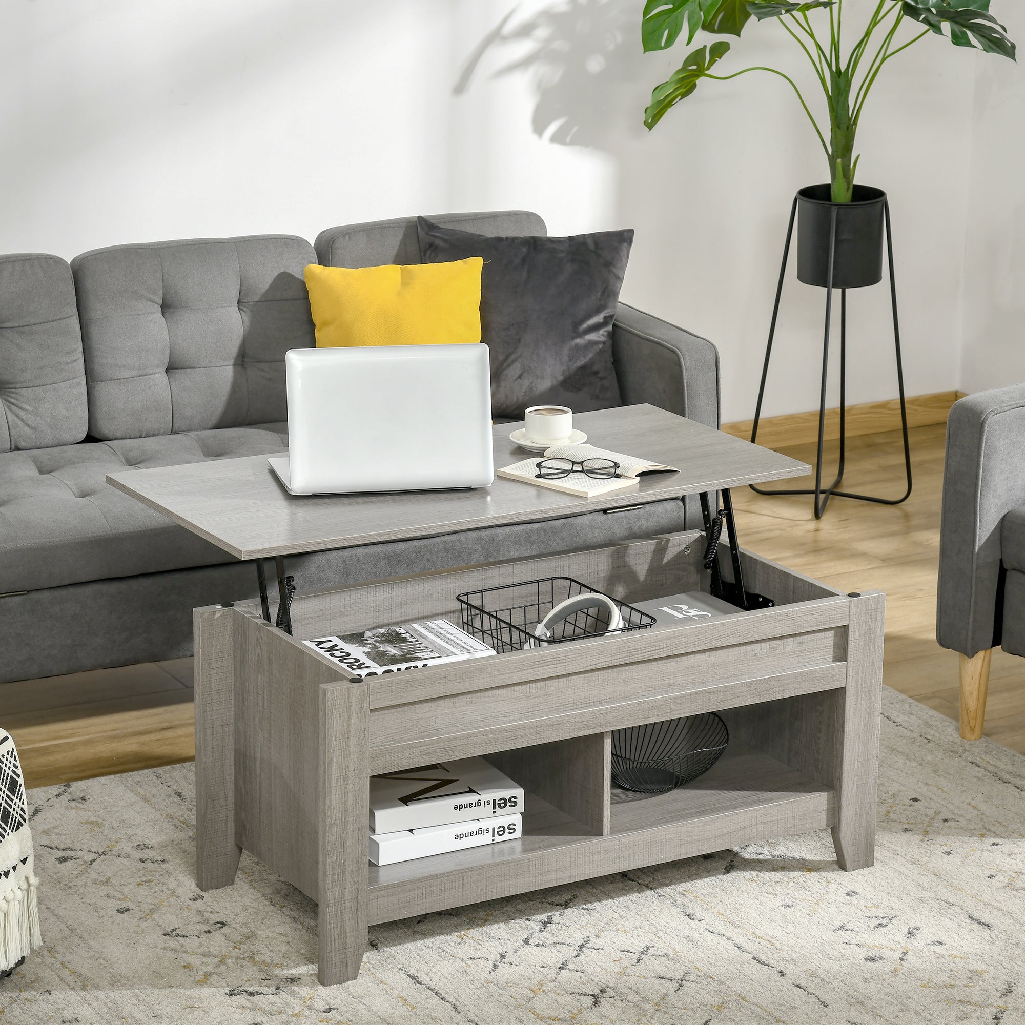 HOMCOM Lift Top Coffee Table with Hidden Storage Compartment and Open Shelves, Lift Tabletop Pop-Up Center Table for Living Room, Light Grey