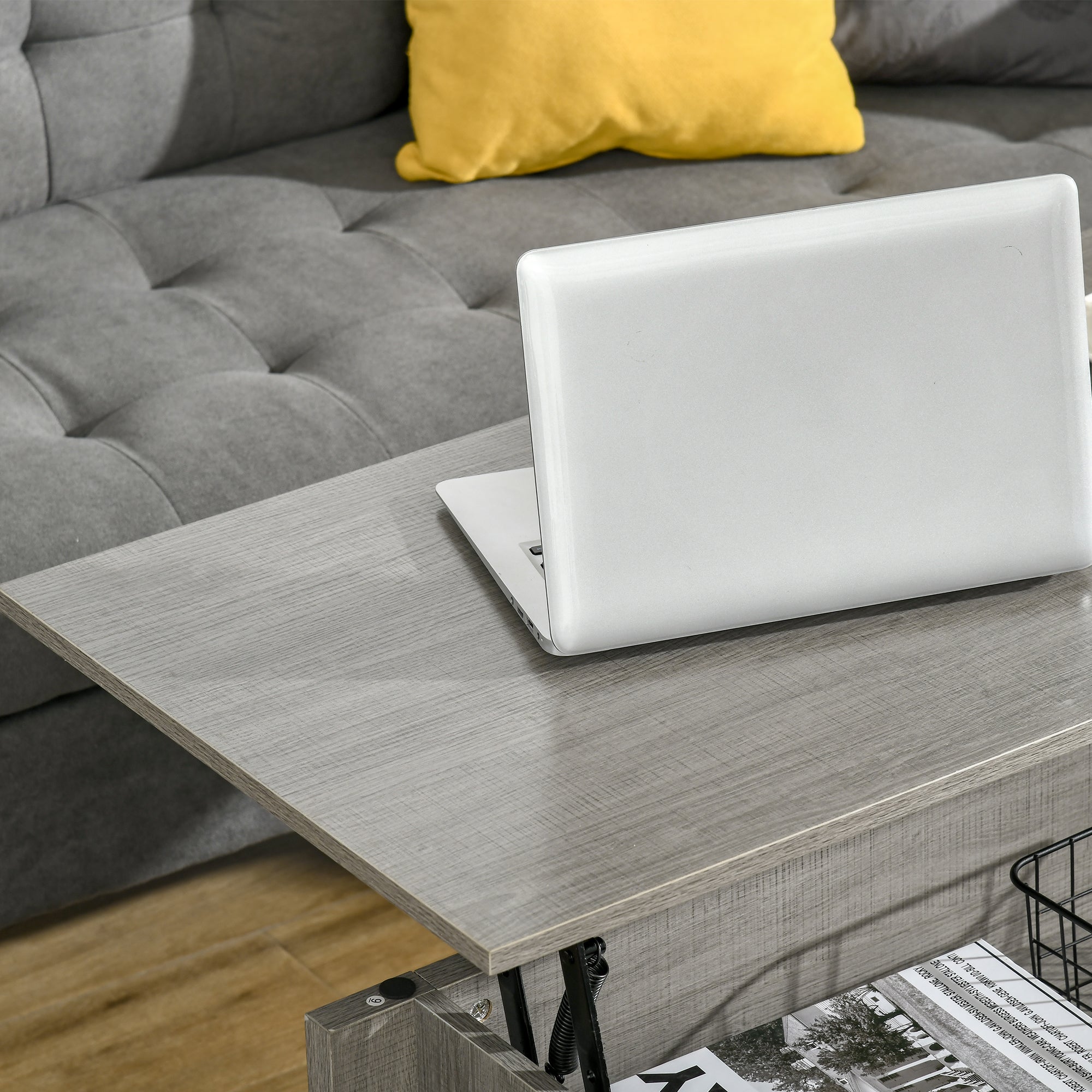 HOMCOM Lift Top Coffee Table with Hidden Storage Compartment and Open Shelves, Lift Tabletop Pop-Up Center Table for Living Room, Light Grey