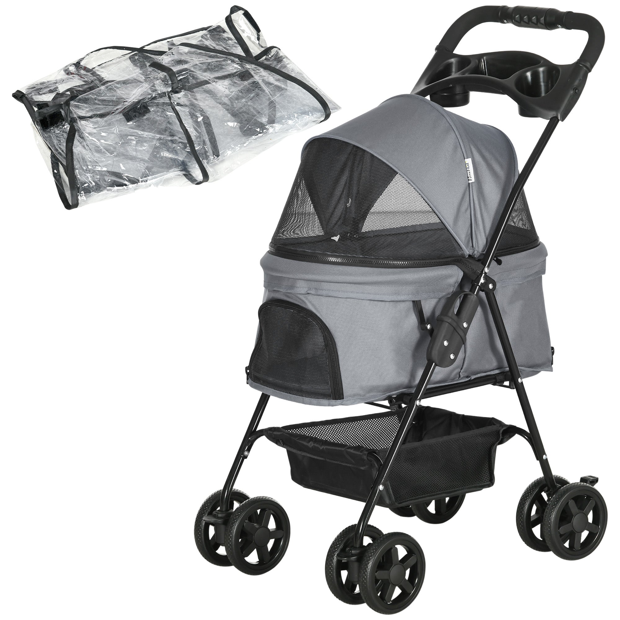 PawHut Dog Stroller with Rain Cover, Dog Pushchair One-Click Fold Trolley Jogger with EVA Wheels Brake Basket Adjustable Canopy Safety Leash for Small Dogs, Grey