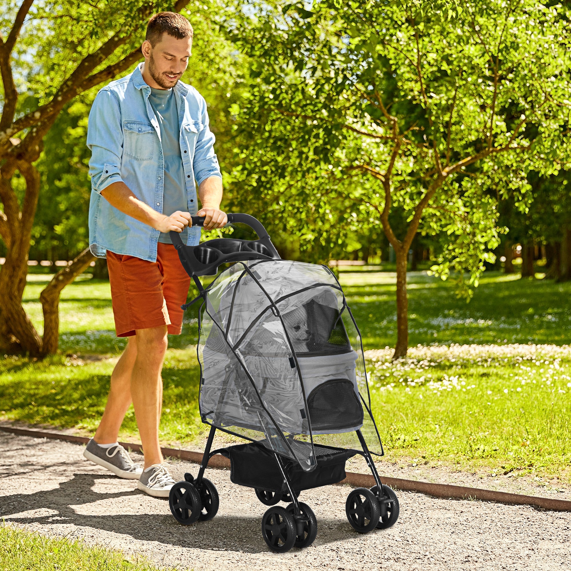 PawHut Dog Stroller with Rain Cover, Dog Pushchair One-Click Fold Trolley Jogger with EVA Wheels Brake Basket Adjustable Canopy Safety Leash for Small Dogs, Grey