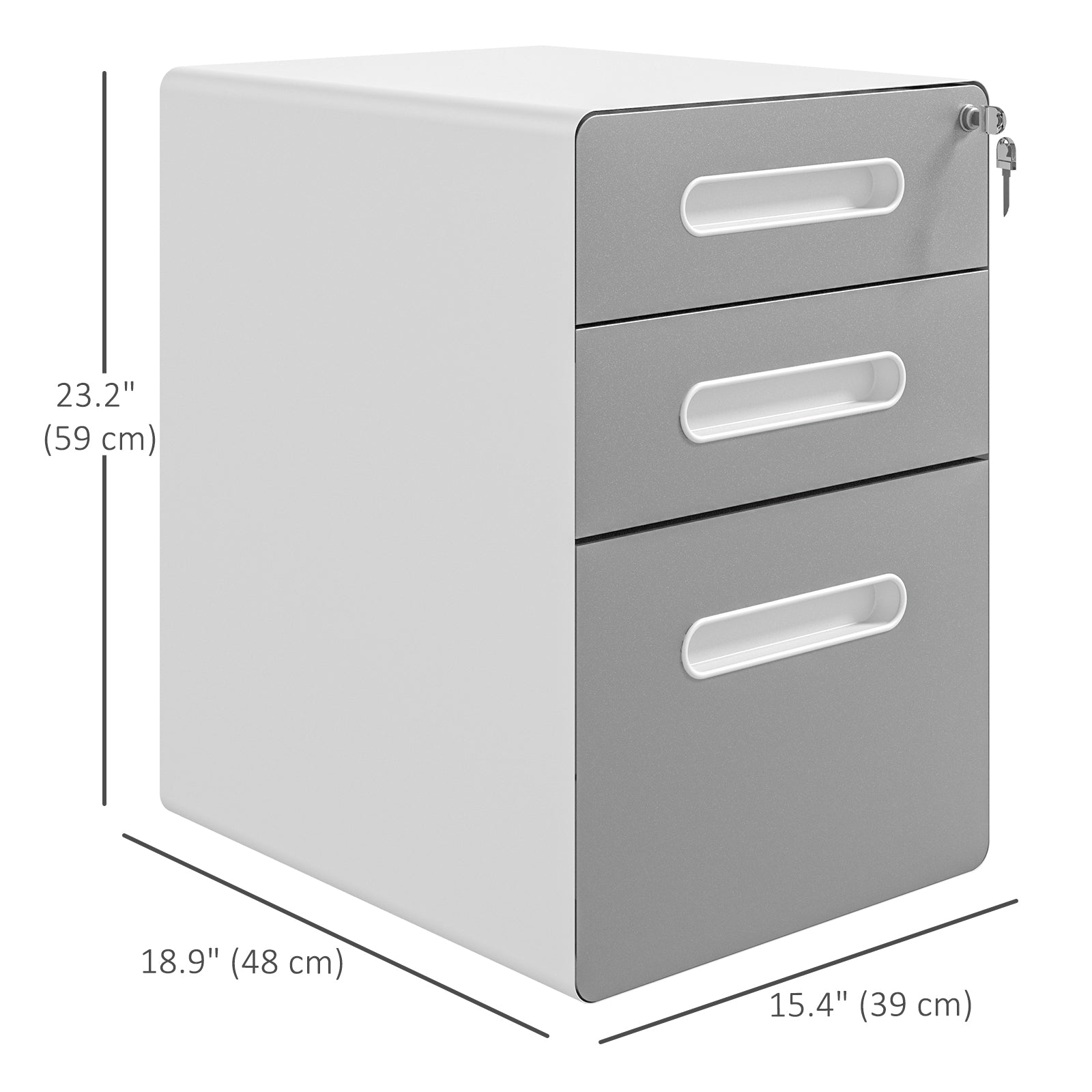 Vinsetto 3 Drawer Vertical Filing Cabinet with Lock and Wheels, Under Desk Mobile File Cabinet for Legal, A4, Letter Size, Steel Frame for Home Office, Light Grey