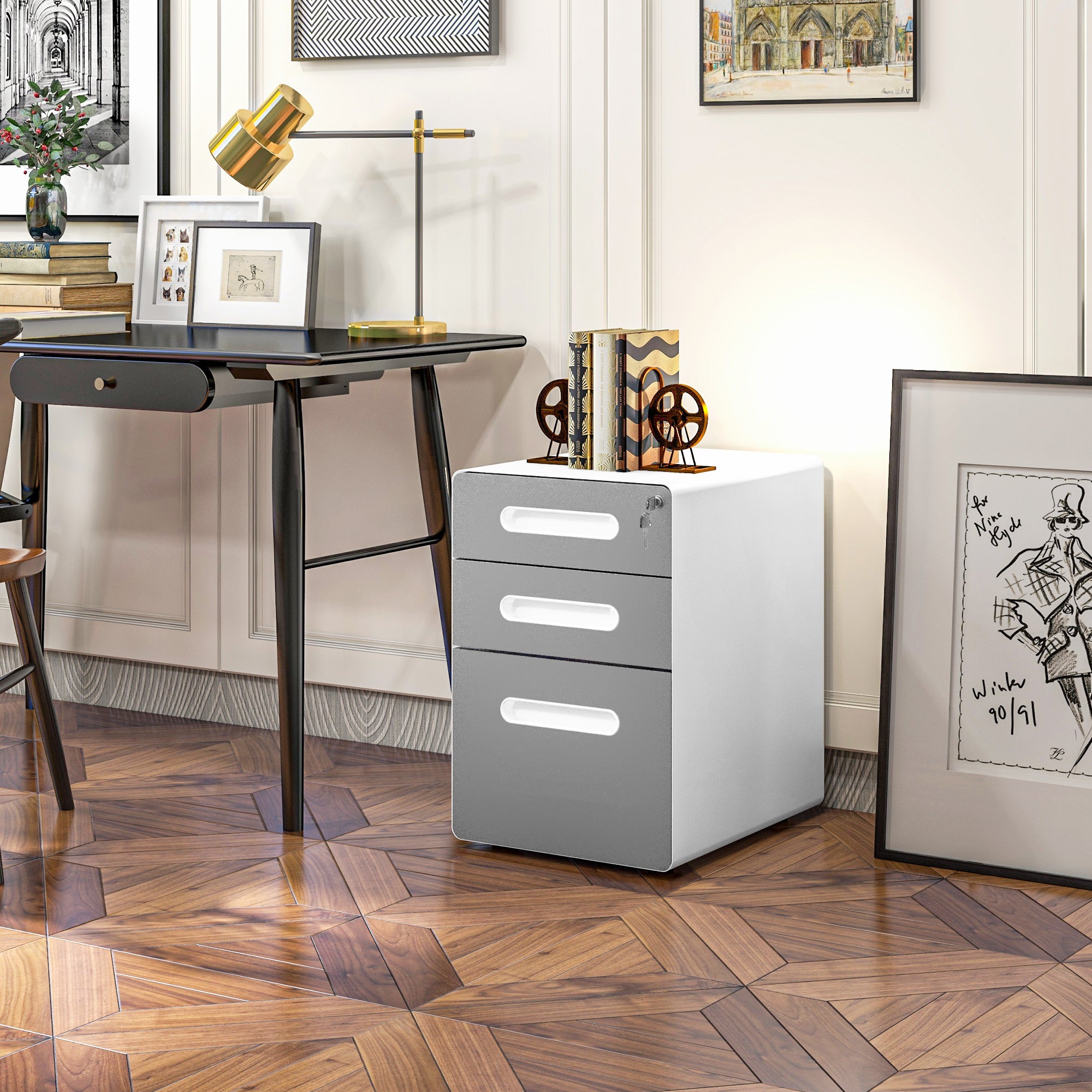 Vinsetto 3 Drawer Vertical Filing Cabinet with Lock and Wheels, Under Desk Mobile File Cabinet for Legal, A4, Letter Size, Steel Frame for Home Office, Light Grey