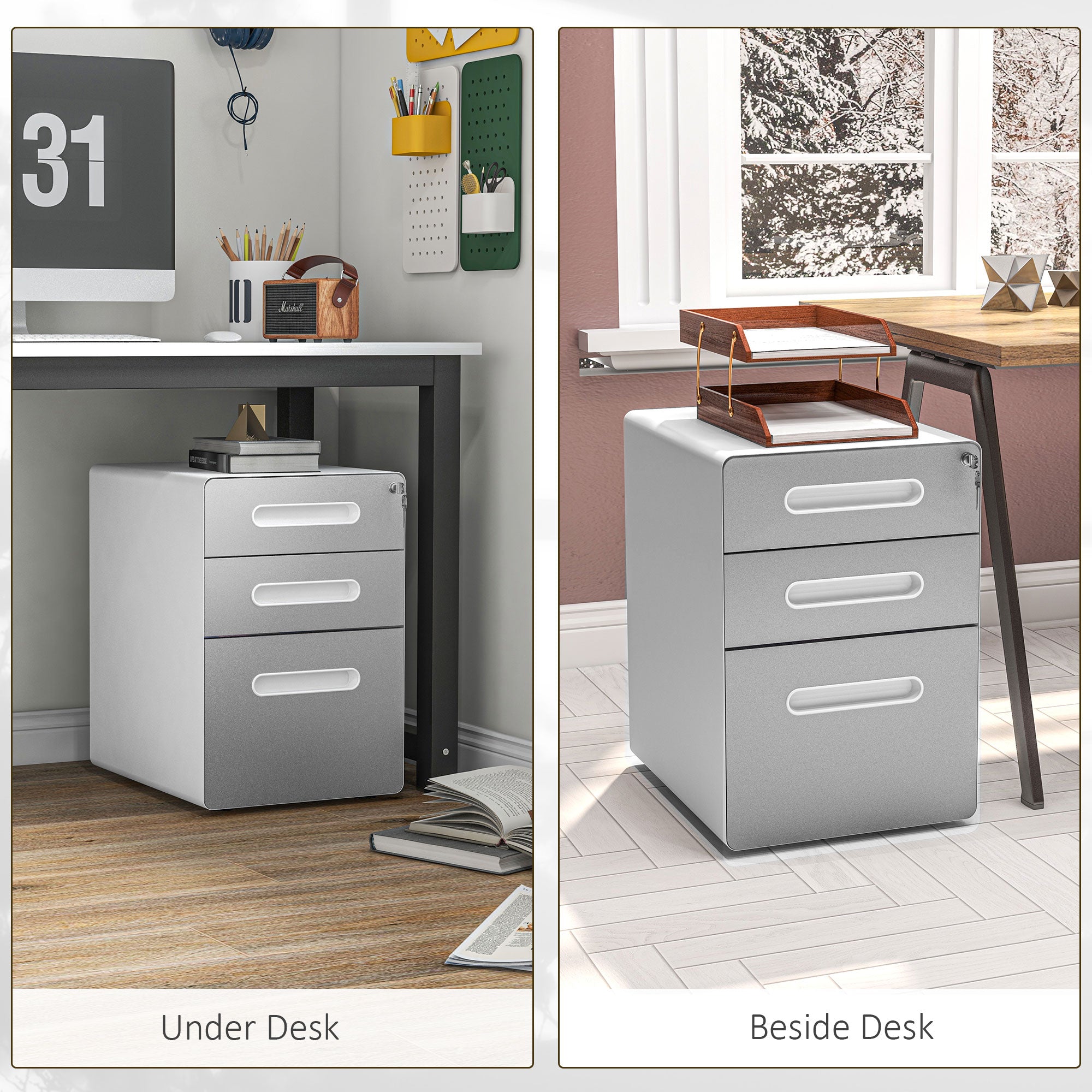 Vinsetto 3 Drawer Vertical Filing Cabinet with Lock and Wheels, Under Desk Mobile File Cabinet for Legal, A4, Letter Size, Steel Frame for Home Office, Light Grey