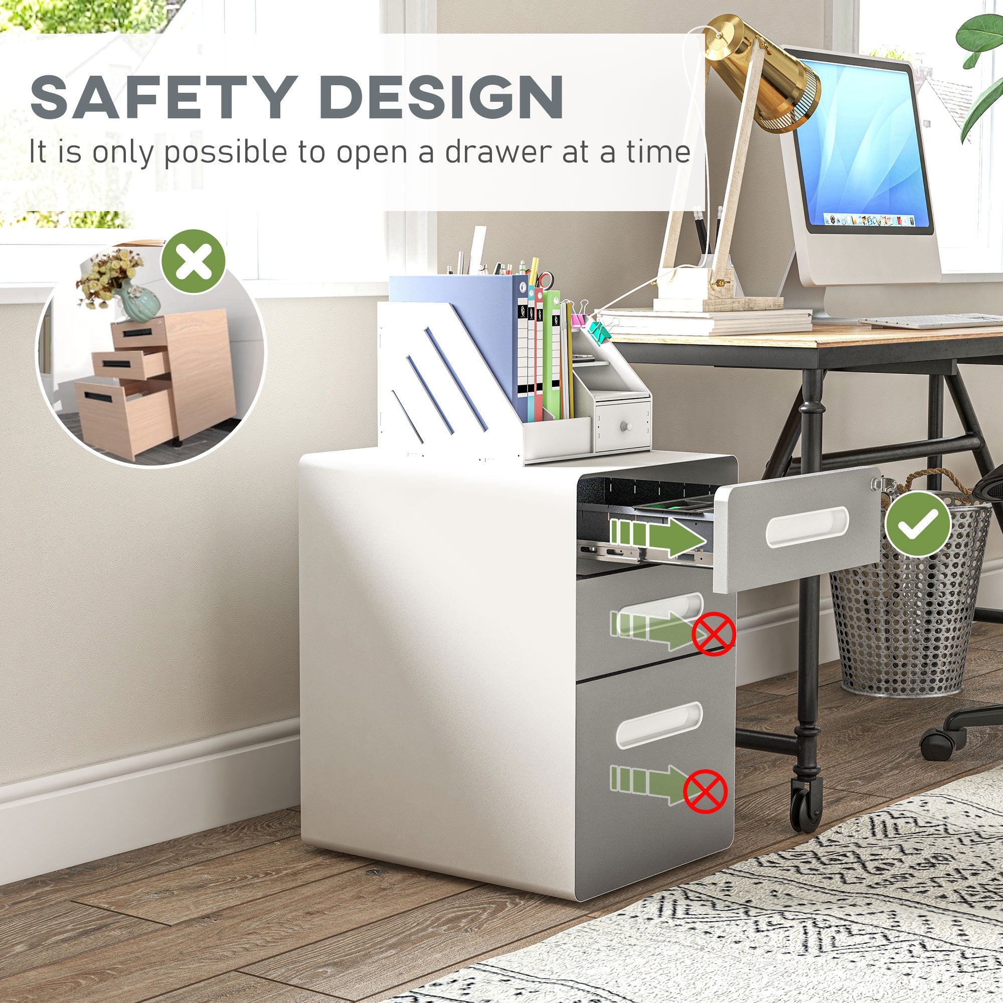 Vinsetto 3 Drawer Vertical Filing Cabinet with Lock and Wheels, Under Desk Mobile File Cabinet for Legal, A4, Letter Size, Steel Frame for Home Office, Light Grey