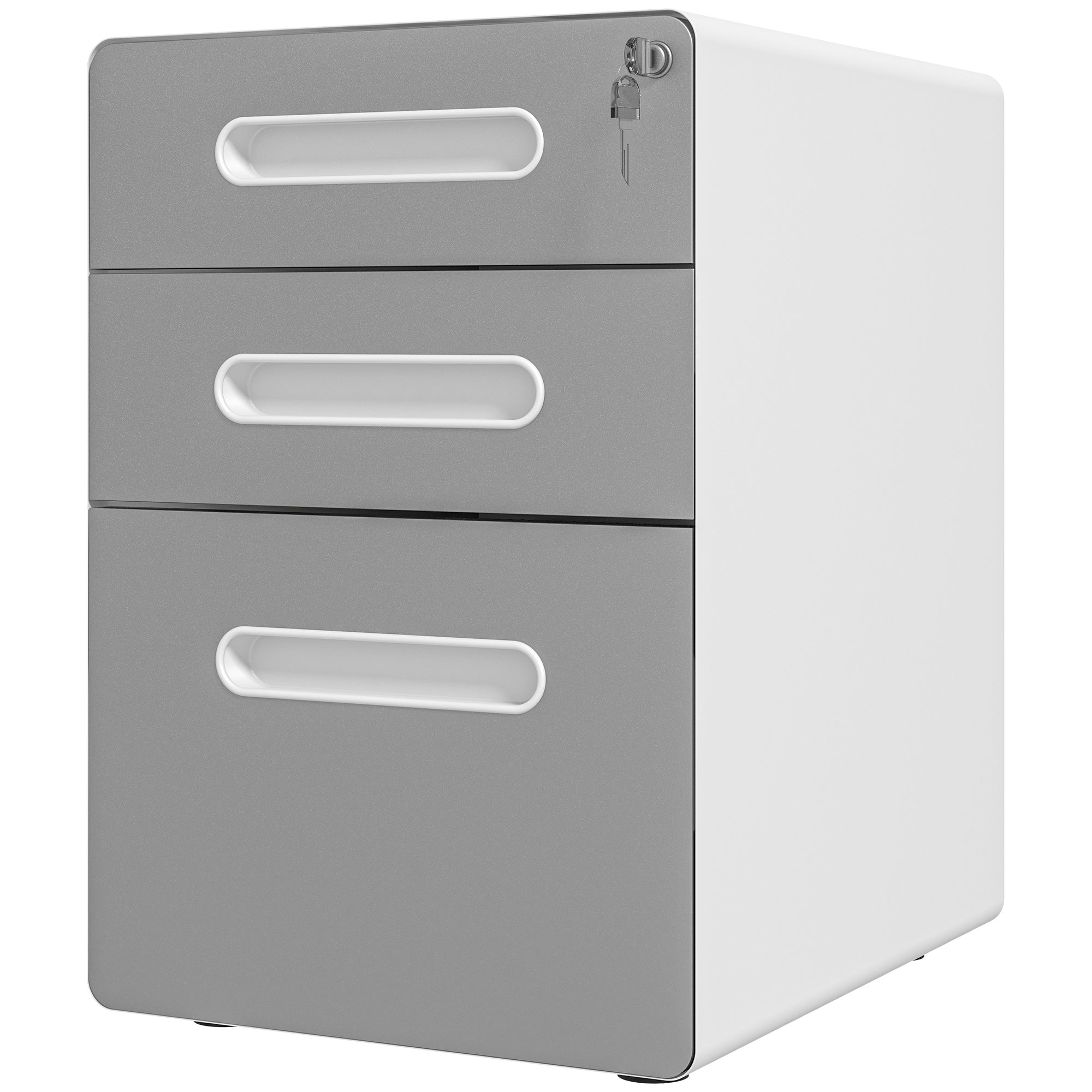 Vinsetto 3 Drawer Vertical Filing Cabinet with Lock and Wheels, Under Desk Mobile File Cabinet for Legal, A4, Letter Size, Steel Frame for Home Office, Light Grey