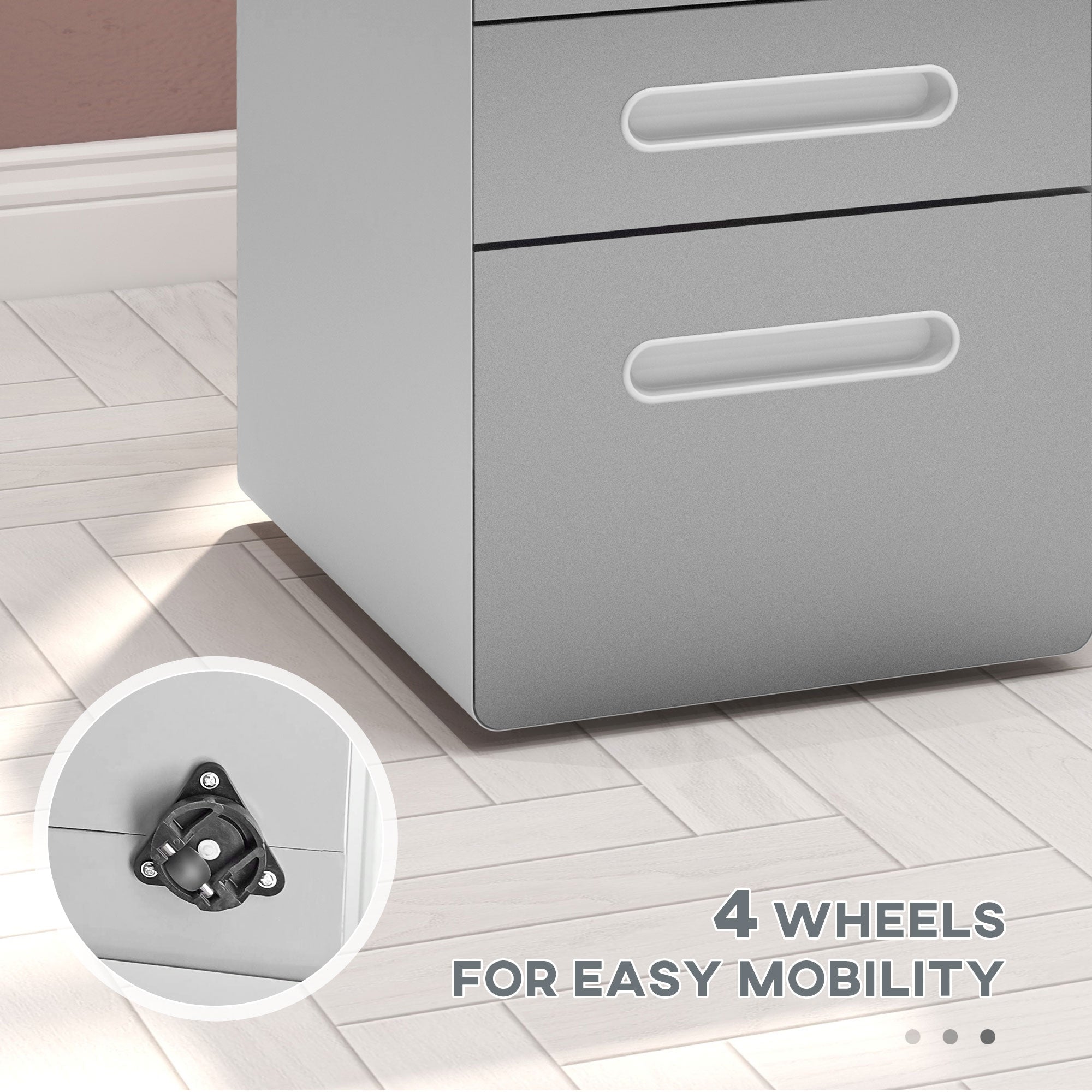 Vinsetto 3 Drawer Vertical Filing Cabinet with Lock and Wheels, Under Desk Mobile File Cabinet for Legal, A4, Letter Size, Steel Frame for Home Office, Light Grey