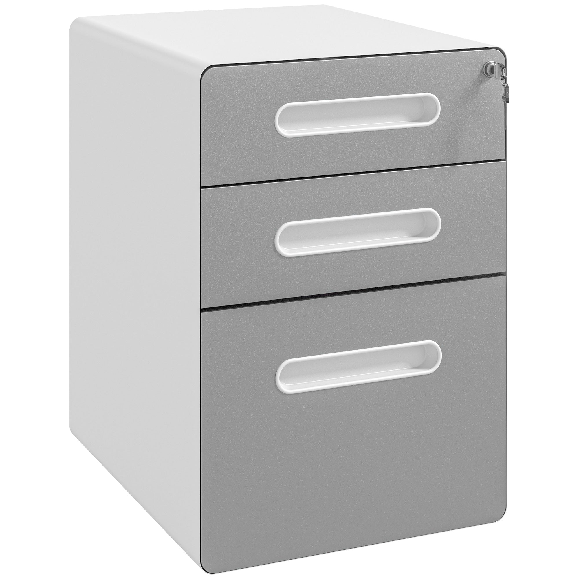 Vinsetto 3 Drawer Vertical Filing Cabinet with Lock and Wheels, Under Desk Mobile File Cabinet for Legal, A4, Letter Size, Steel Frame for Home Office, Light Grey