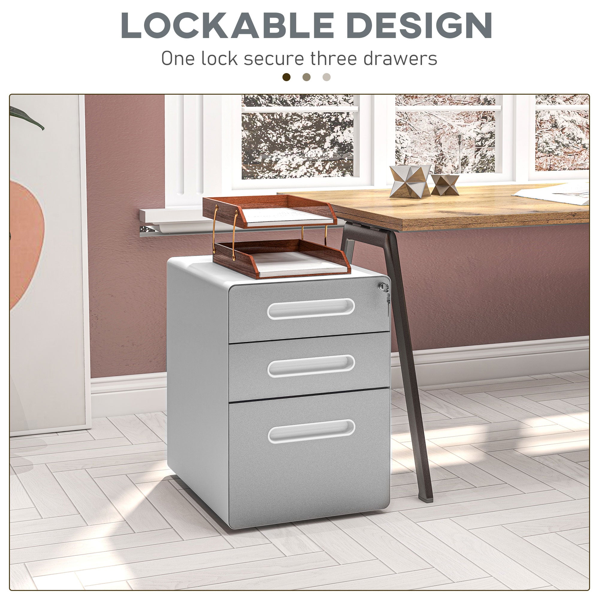 Vinsetto 3 Drawer Vertical Filing Cabinet with Lock and Wheels, Under Desk Mobile File Cabinet for Legal, A4, Letter Size, Steel Frame for Home Office, Light Grey