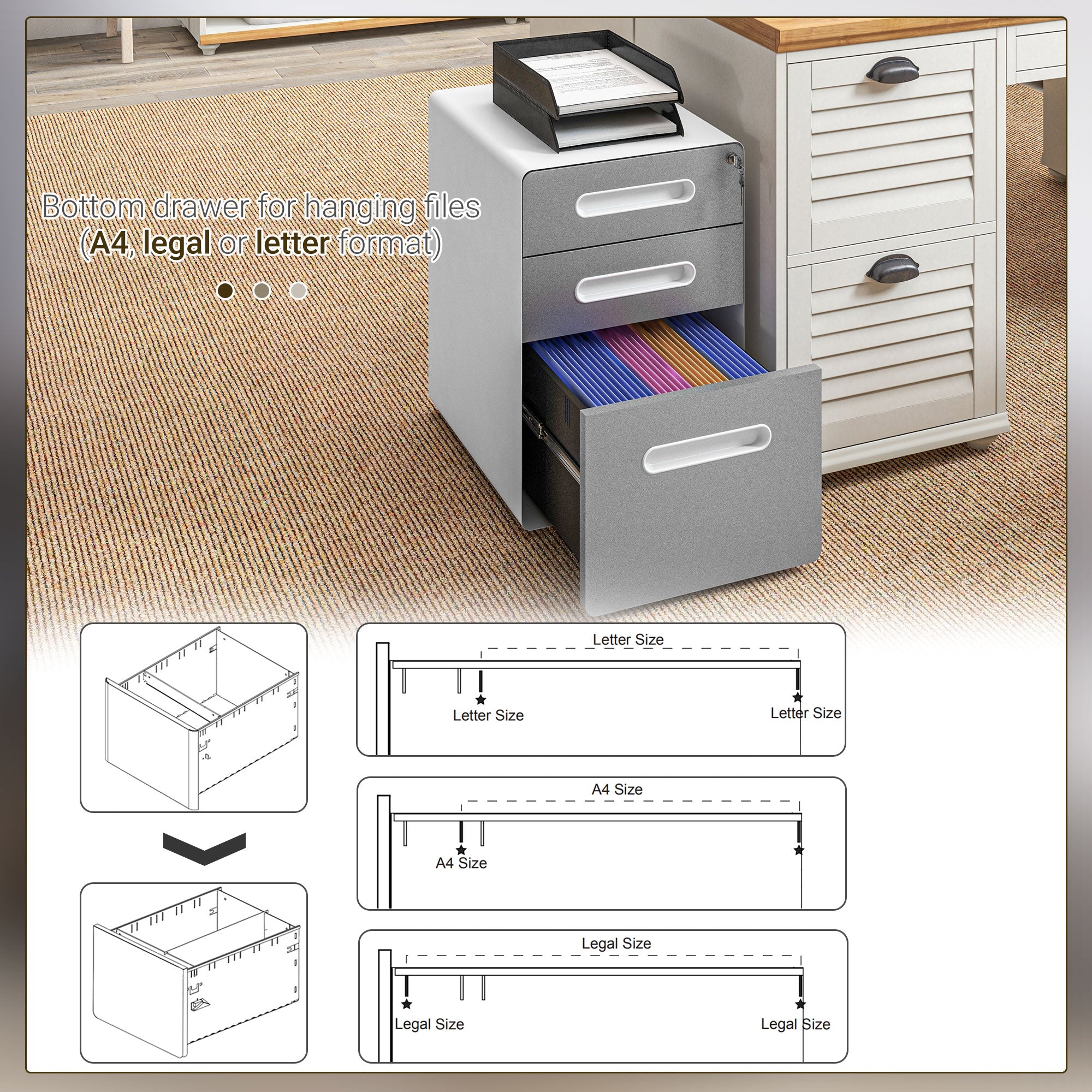 Vinsetto 3 Drawer Vertical Filing Cabinet with Lock and Wheels, Under Desk Mobile File Cabinet for Legal, A4, Letter Size, Steel Frame for Home Office, Light Grey