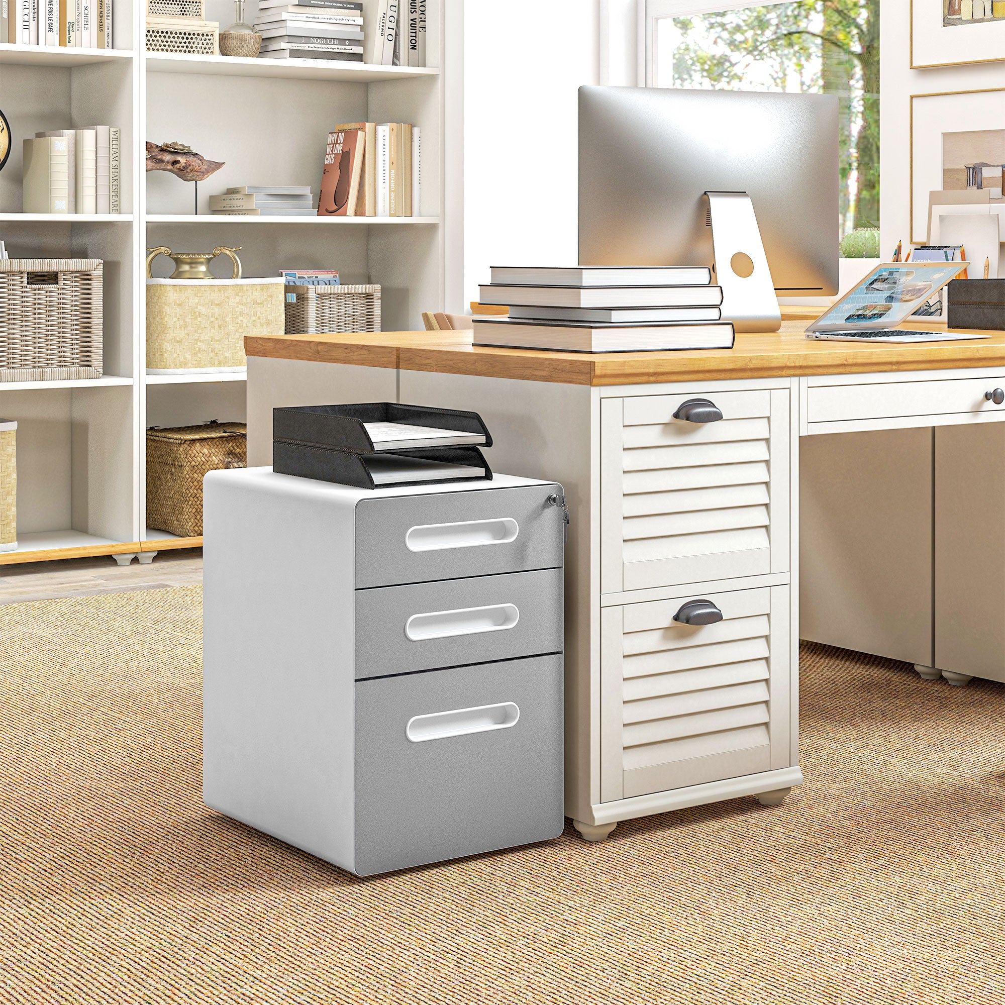 Vinsetto 3 Drawer Vertical Filing Cabinet with Lock and Wheels, Under Desk Mobile File Cabinet for Legal, A4, Letter Size, Steel Frame for Home Office, Light Grey