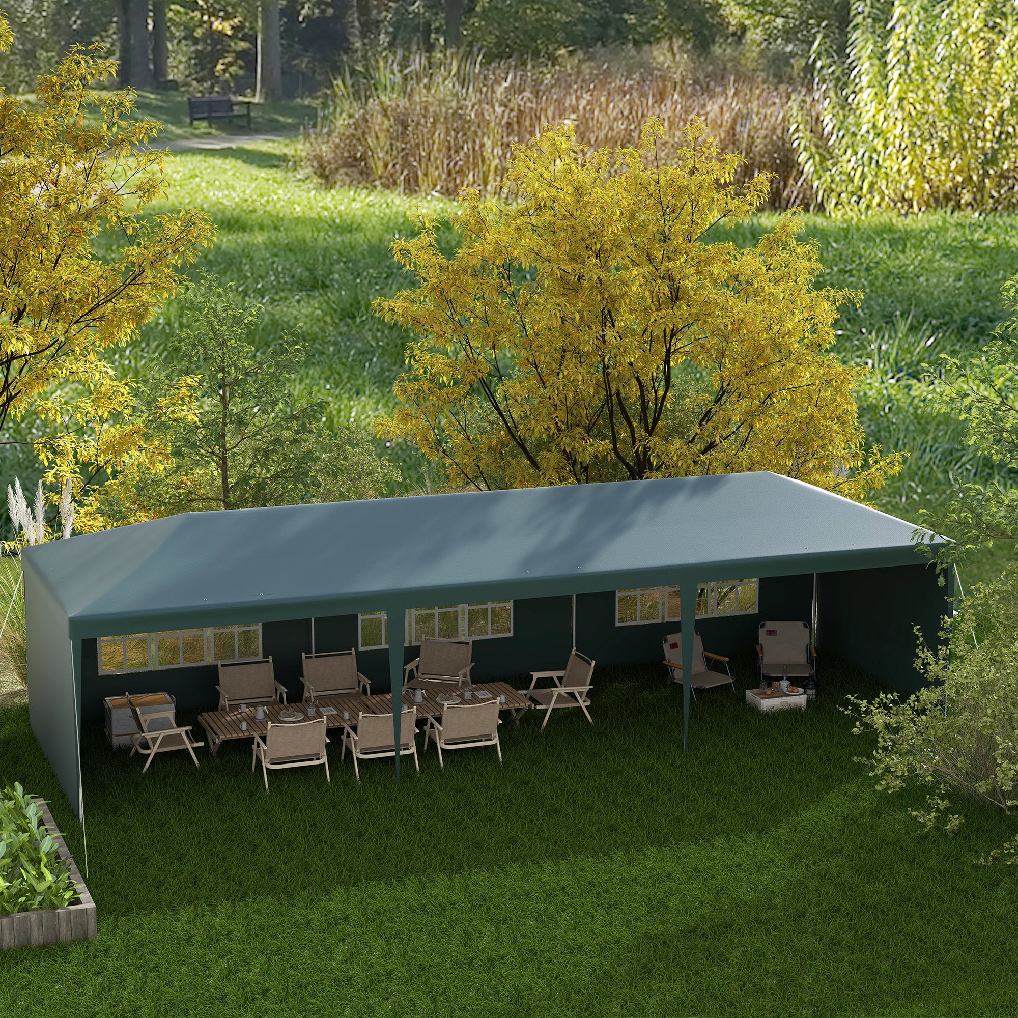 Outsunny 10' x 29' Party Tent, Canopy Tent with Sidewalls and Large Transparent Windows for Garden, Backyard, Outdoor, Green