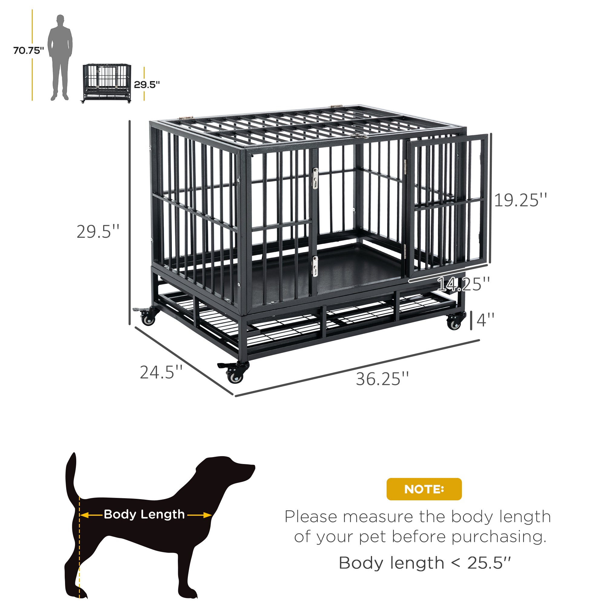 PawHut 36" Heavy Duty Dog Crate Metal Cage Kennel with Lockable Wheels, Double Door and Removable Tray, Grey