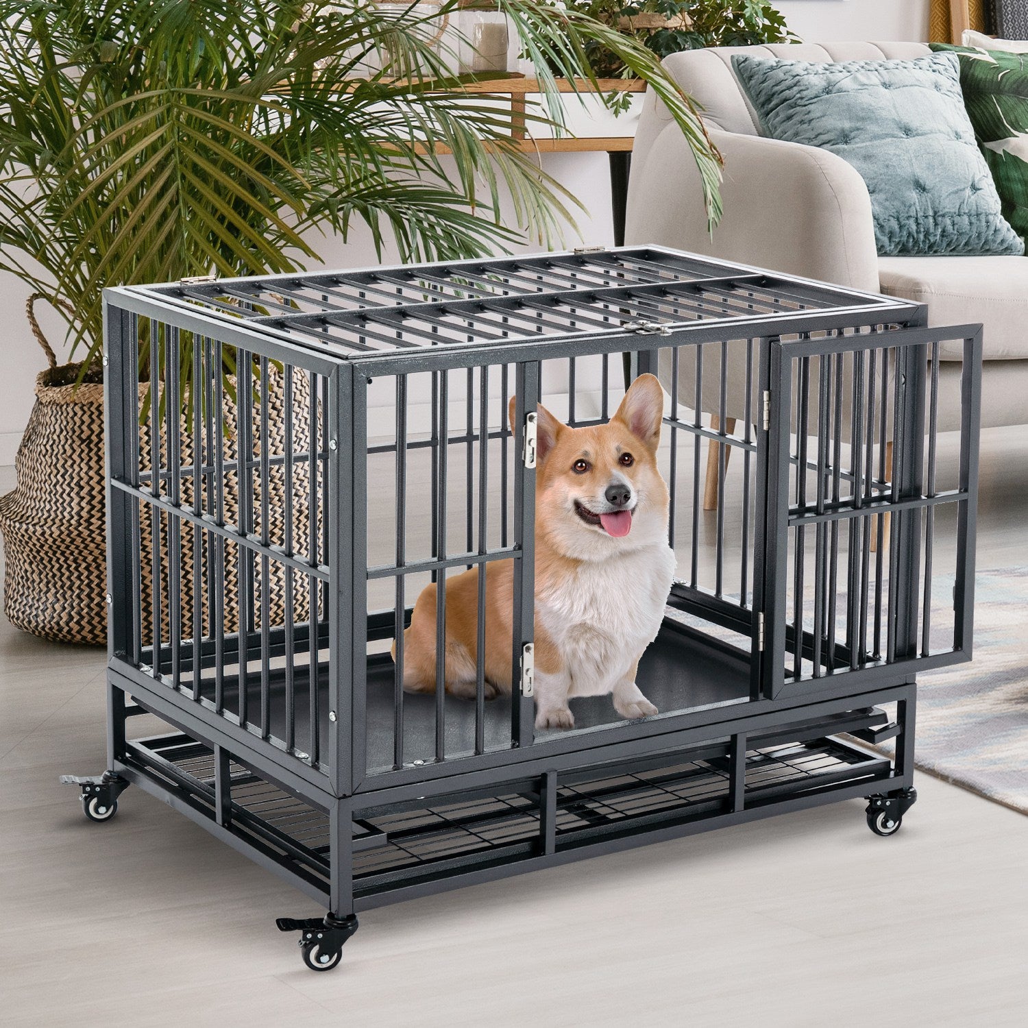 PawHut 36" Heavy Duty Dog Crate Metal Cage Kennel with Lockable Wheels, Double Door and Removable Tray, Grey