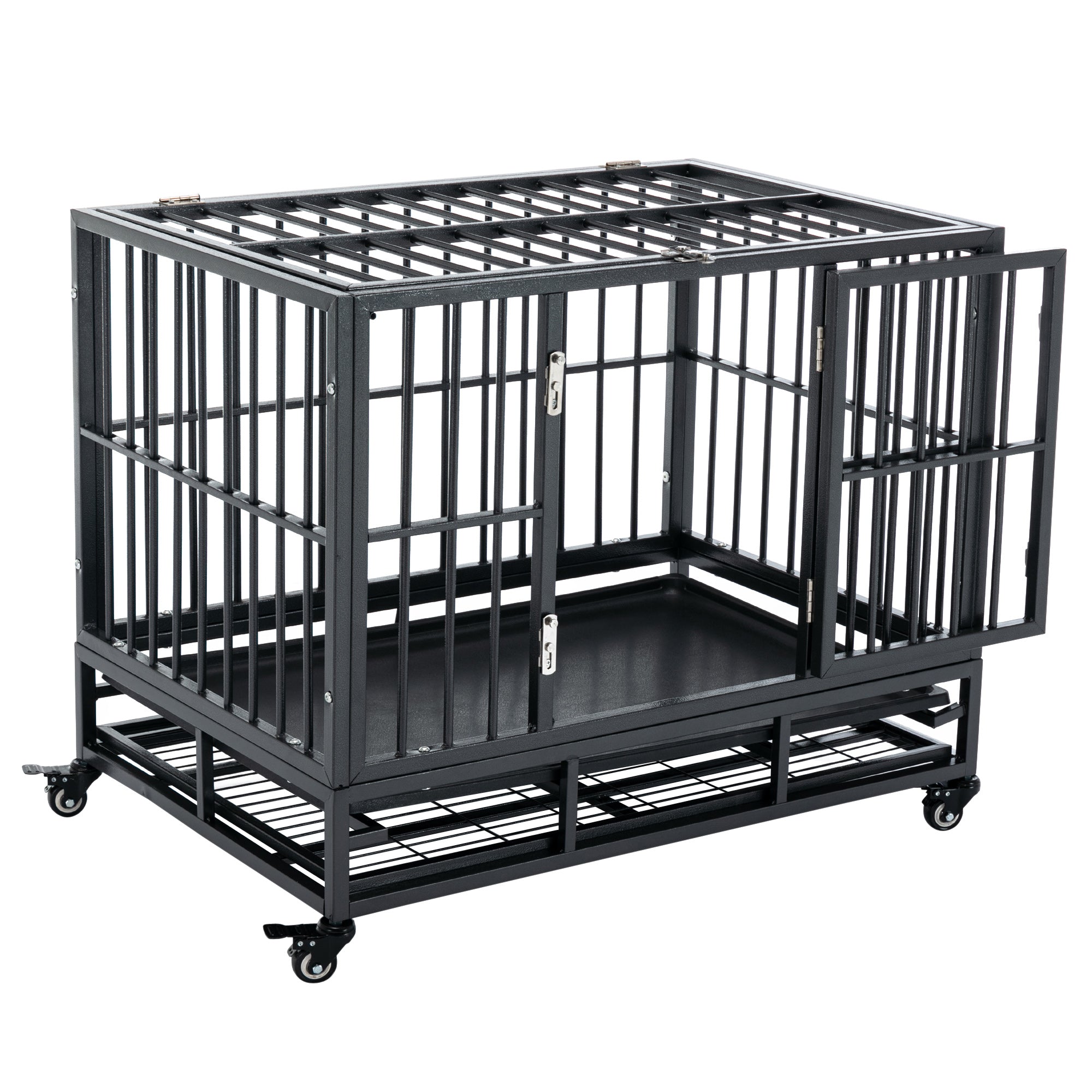 PawHut 36" Heavy Duty Dog Crate Metal Cage Kennel with Lockable Wheels, Double Door and Removable Tray, Grey
