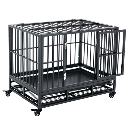 PawHut 36" Heavy Duty Dog Crate Metal Cage Kennel with Lockable Wheels, Double Door and Removable Tray, Grey