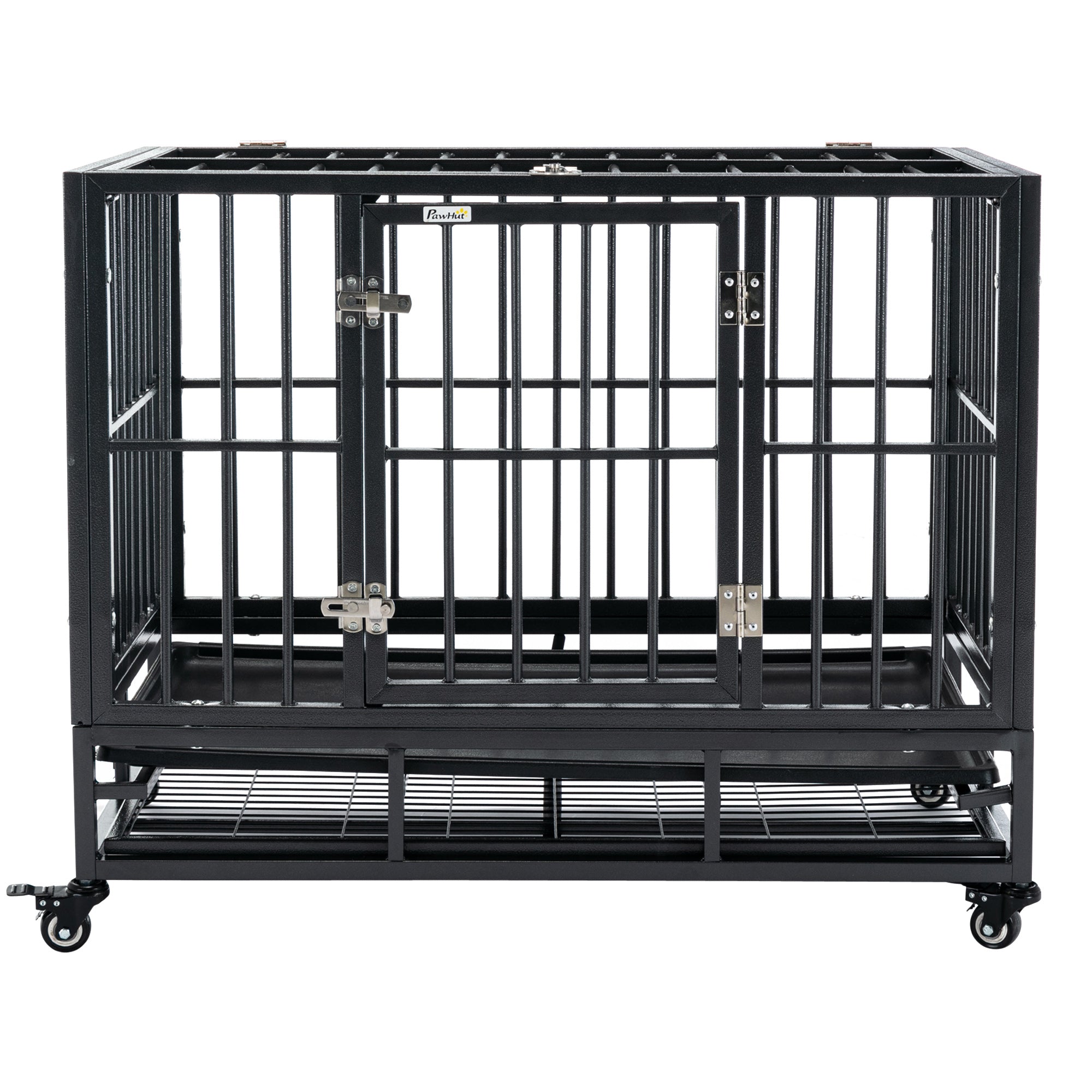 PawHut 36" Heavy Duty Dog Crate Metal Cage Kennel with Lockable Wheels, Double Door and Removable Tray, Grey