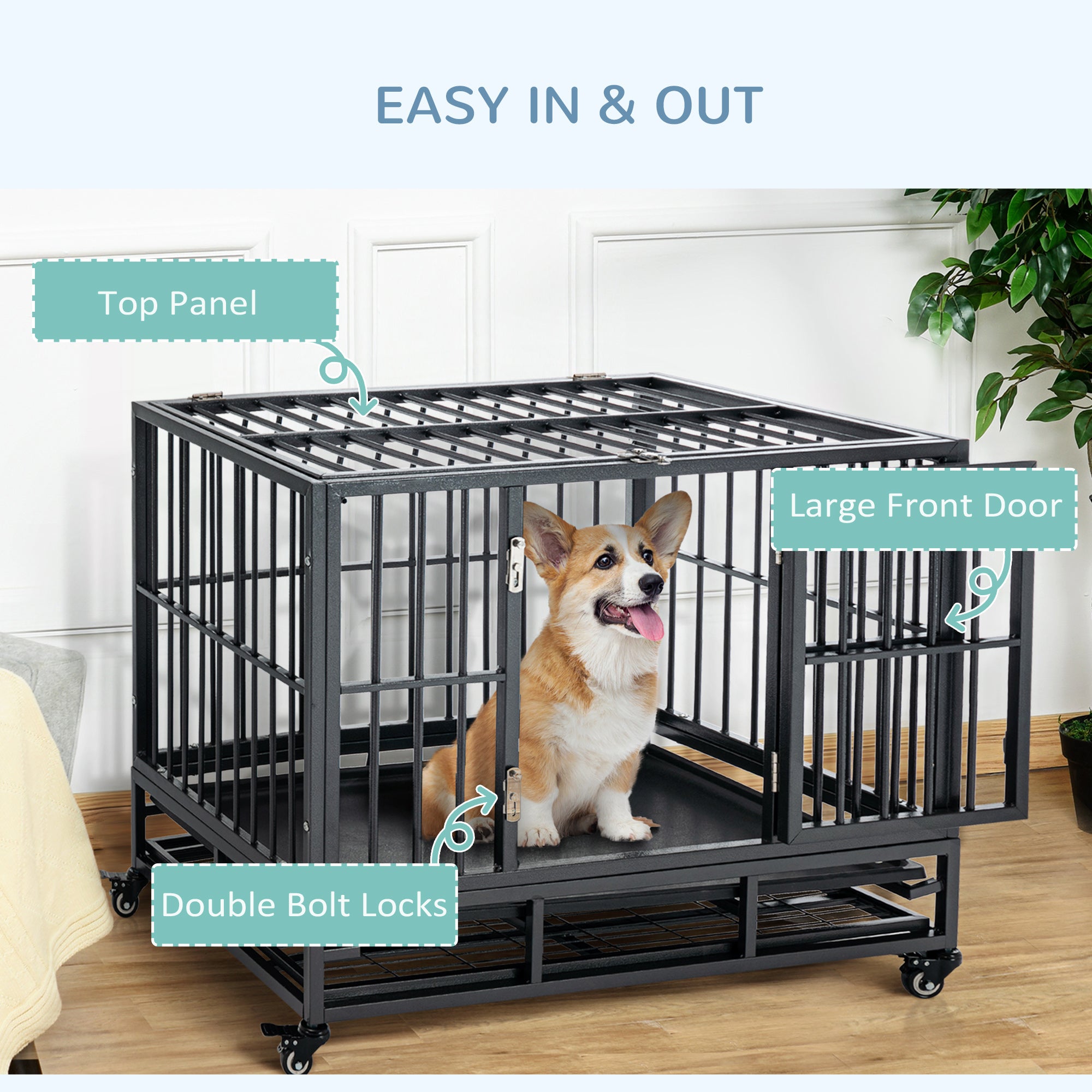 PawHut 36" Heavy Duty Dog Crate Metal Cage Kennel with Lockable Wheels, Double Door and Removable Tray, Grey