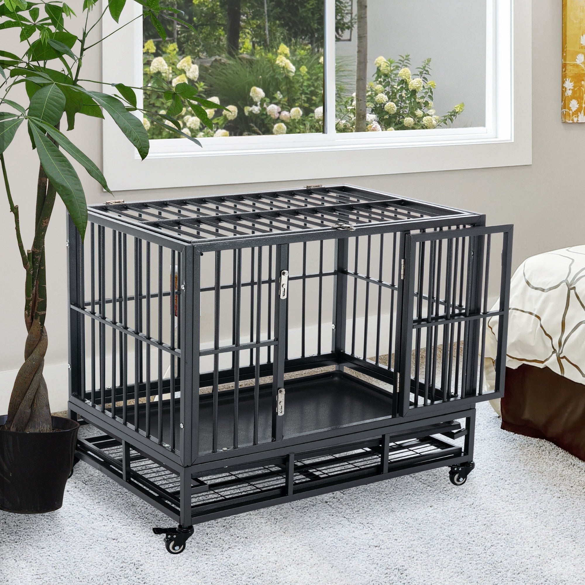 PawHut 36" Heavy Duty Dog Crate Metal Cage Kennel with Lockable Wheels, Double Door and Removable Tray, Grey