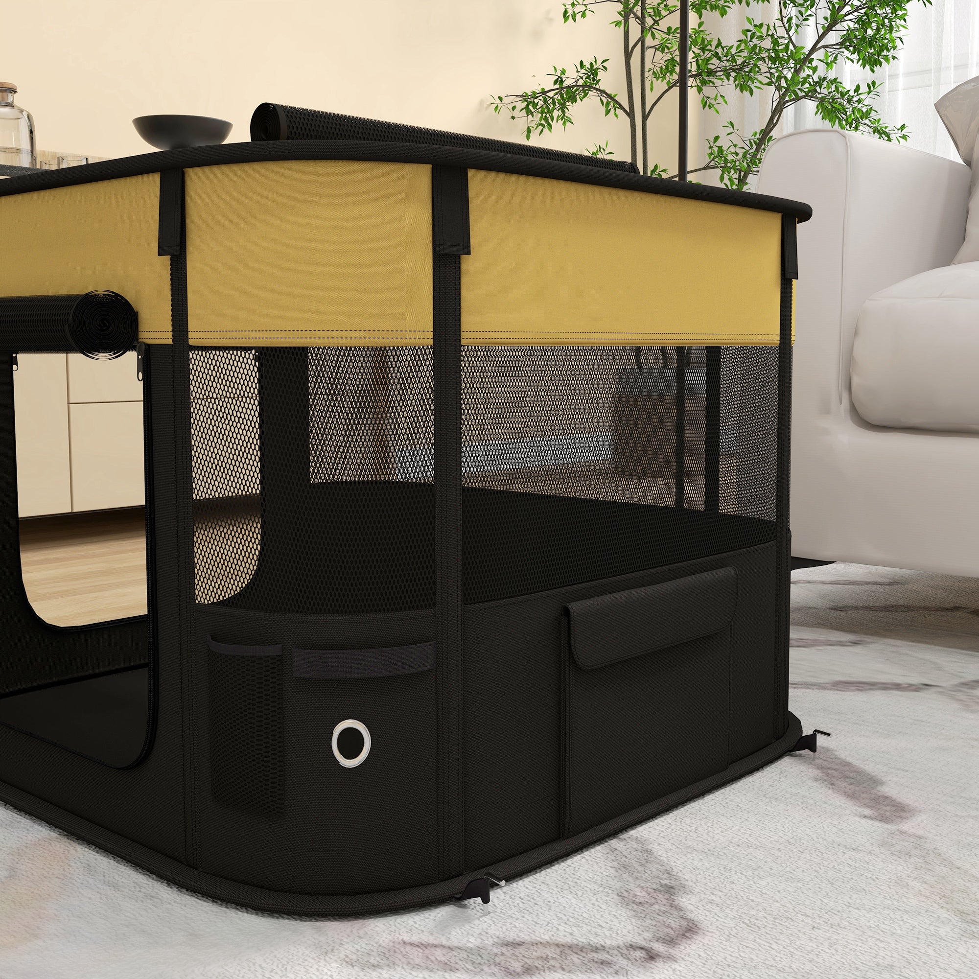 PawHut Dog Pen, Pet Playpen, Portable Foldable Dog Cat Playpen Soft Dog Cage with Storage Bag for Puppies, Rabbits, Kittens, Guinea Pigs, 74 x 60 x 45cm - Yellow