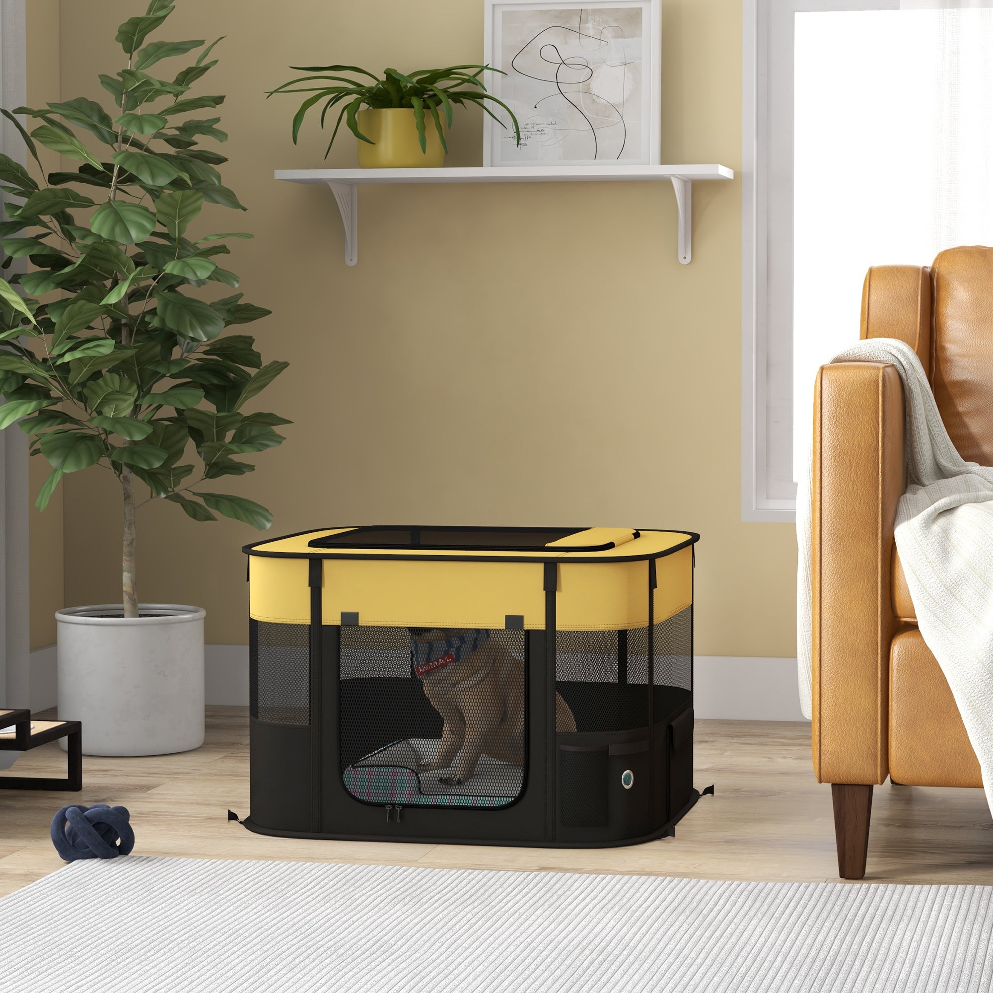 PawHut Dog Pen, Pet Playpen, Portable Foldable Dog Cat Playpen Soft Dog Cage with Storage Bag for Puppies, Rabbits, Kittens, Guinea Pigs, 74 x 60 x 45cm - Yellow