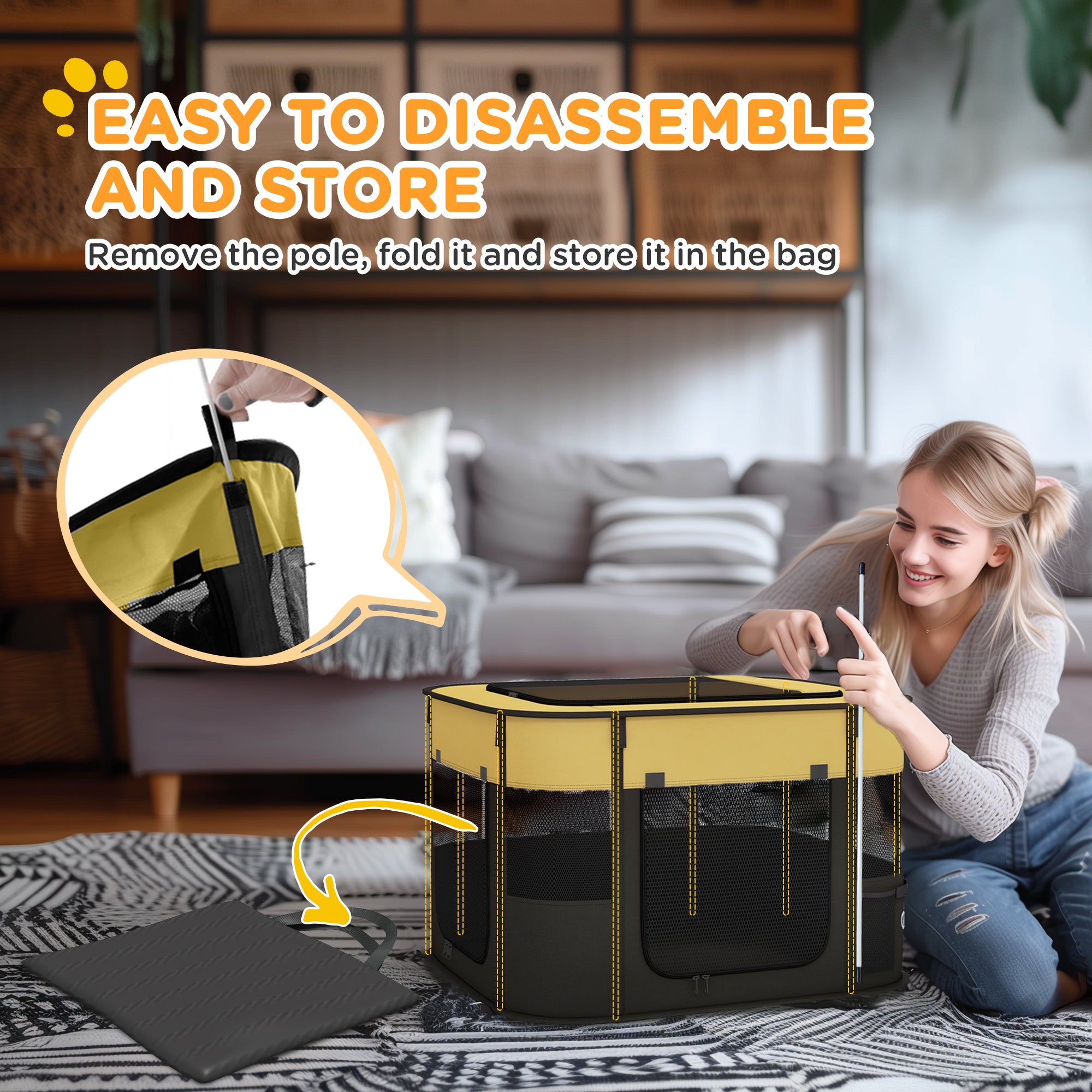 PawHut Dog Pen, Pet Playpen, Portable Foldable Dog Cat Playpen Soft Dog Cage with Storage Bag for Puppies, Rabbits, Kittens, Guinea Pigs, 74 x 60 x 45cm - Yellow