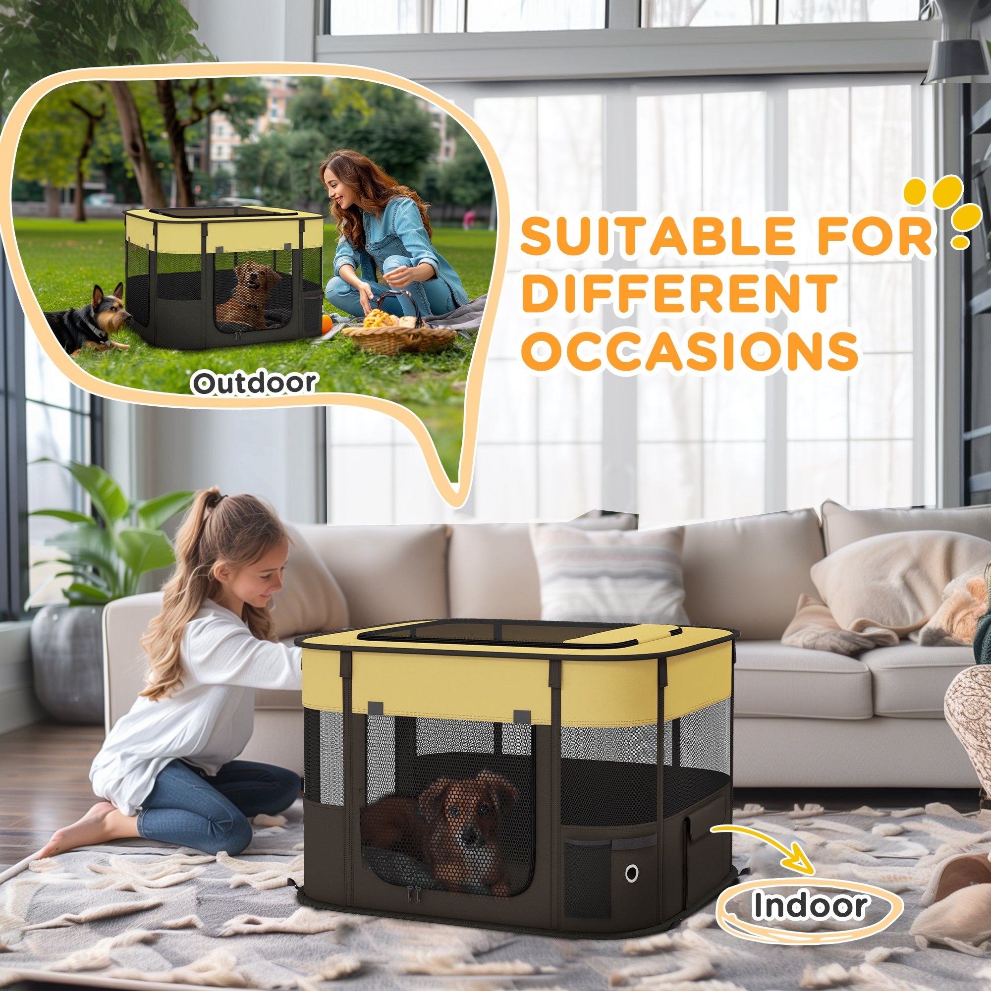 PawHut Dog Pen, Pet Playpen, Portable Foldable Dog Cat Playpen Soft Dog Cage with Storage Bag for Puppies, Rabbits, Kittens, Guinea Pigs, 74 x 60 x 45cm - Yellow