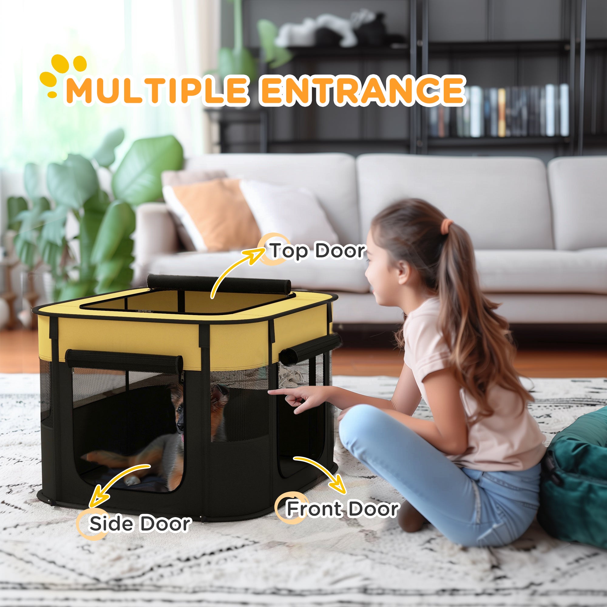 PawHut Dog Pen, Pet Playpen, Portable Foldable Dog Cat Playpen Soft Dog Cage with Storage Bag for Puppies, Rabbits, Kittens, Guinea Pigs, 74 x 60 x 45cm - Yellow