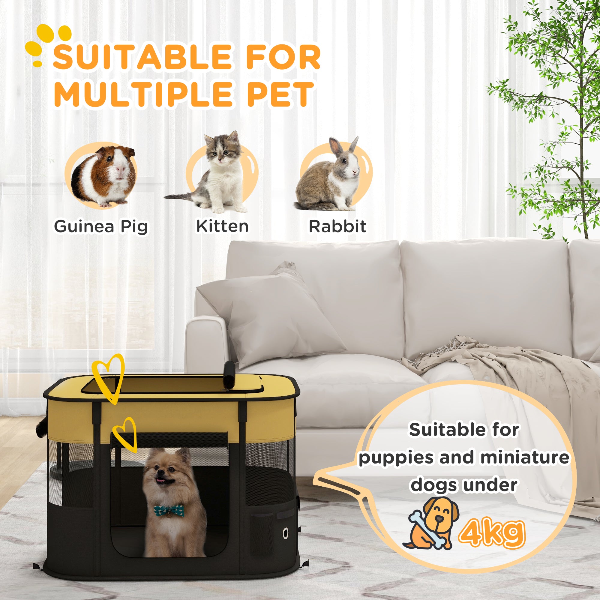PawHut Dog Pen, Pet Playpen, Portable Foldable Dog Cat Playpen Soft Dog Cage with Storage Bag for Puppies, Rabbits, Kittens, Guinea Pigs, 74 x 60 x 45cm - Yellow