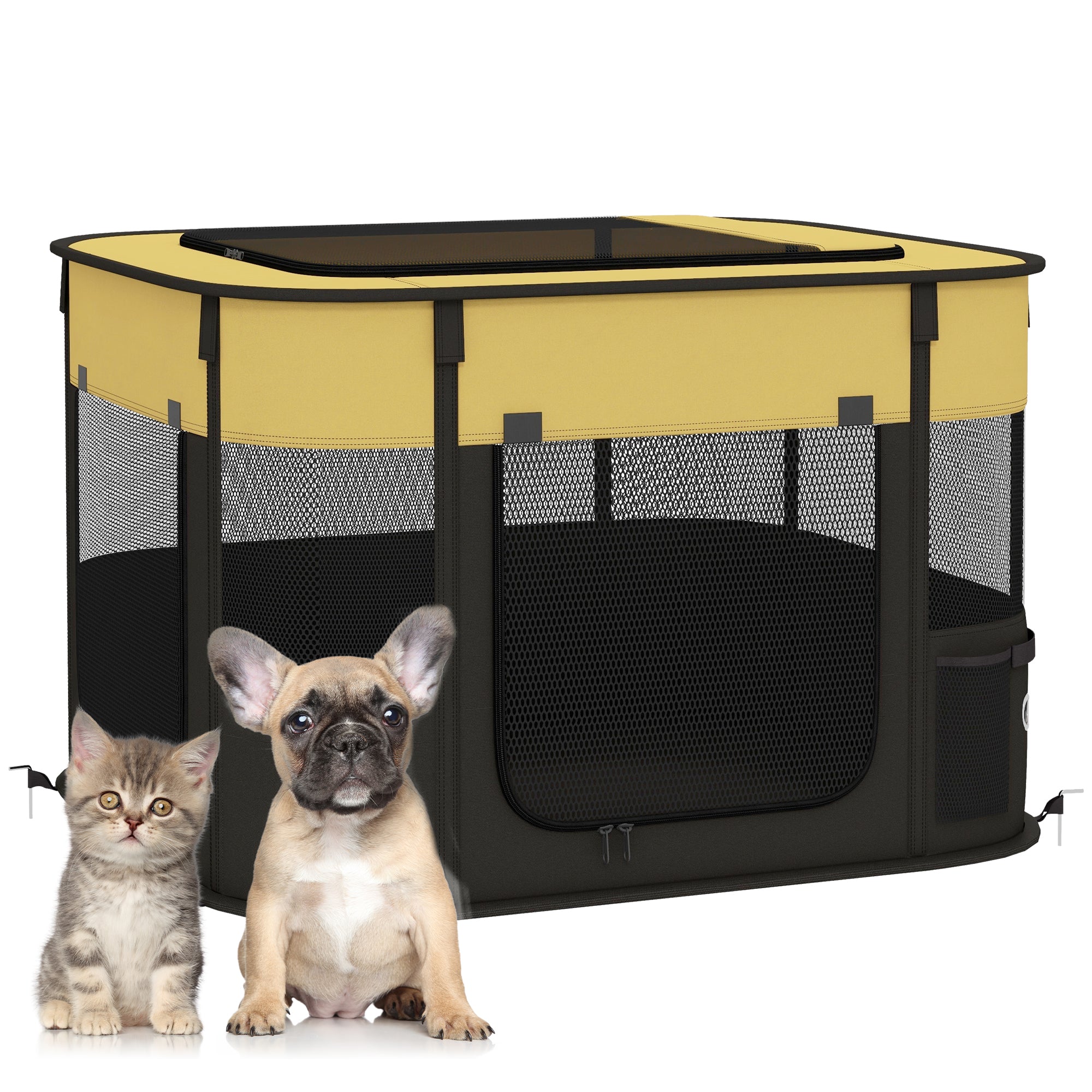 PawHut Dog Pen, Pet Playpen, Portable Foldable Dog Cat Playpen Soft Dog Cage with Storage Bag for Puppies, Rabbits, Kittens, Guinea Pigs, 74 x 60 x 45cm - Yellow
