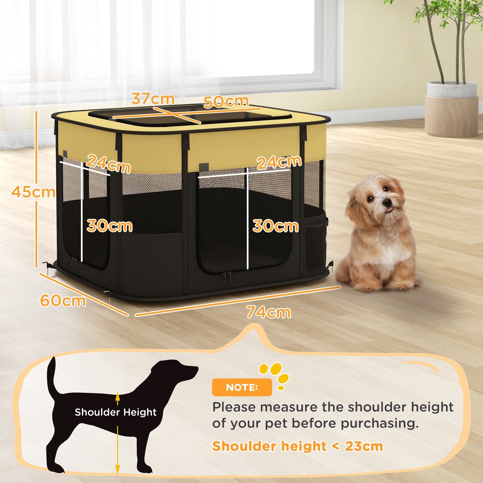 PawHut Dog Pen, Pet Playpen, Portable Foldable Dog Cat Playpen Soft Dog Cage with Storage Bag for Puppies, Rabbits, Kittens, Guinea Pigs, 74 x 60 x 45cm - Yellow