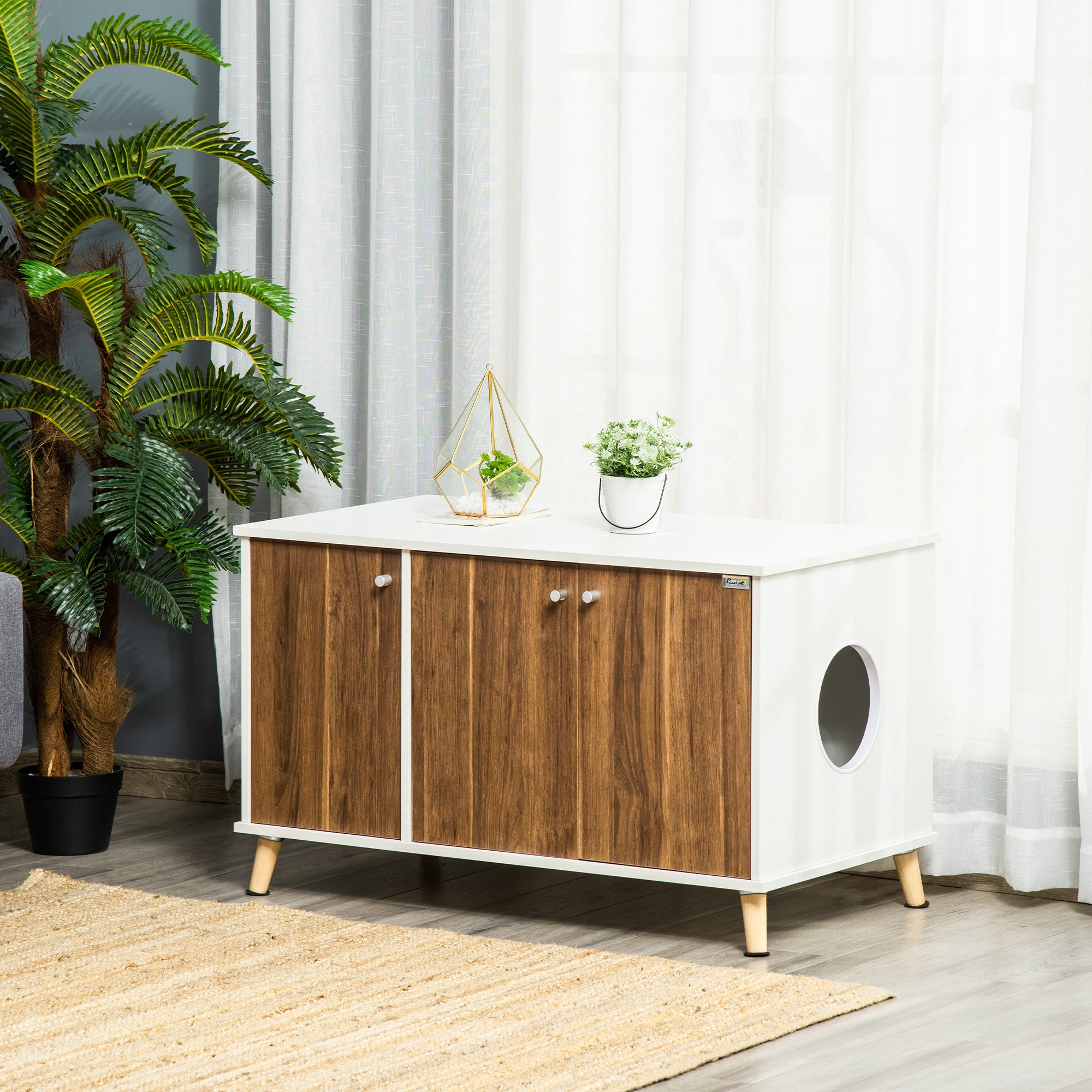 PawHut Cat Litter Box Enclosure Hidden Cat Furniture Cabinet Indoor, End Table with Adjustable Shelf Magnetic Door, White