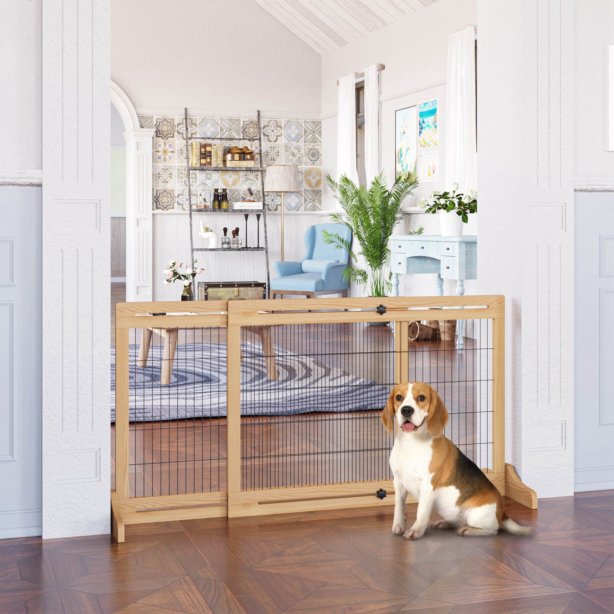 PawHut Free Standing Pet Gate, Wooden Foldable Dog Gate with 41"-72" Adjustable Length, Support Feet, Pet Barrier for Small Medium Dogs, for Stairway, Doorway, Hallway, Natural